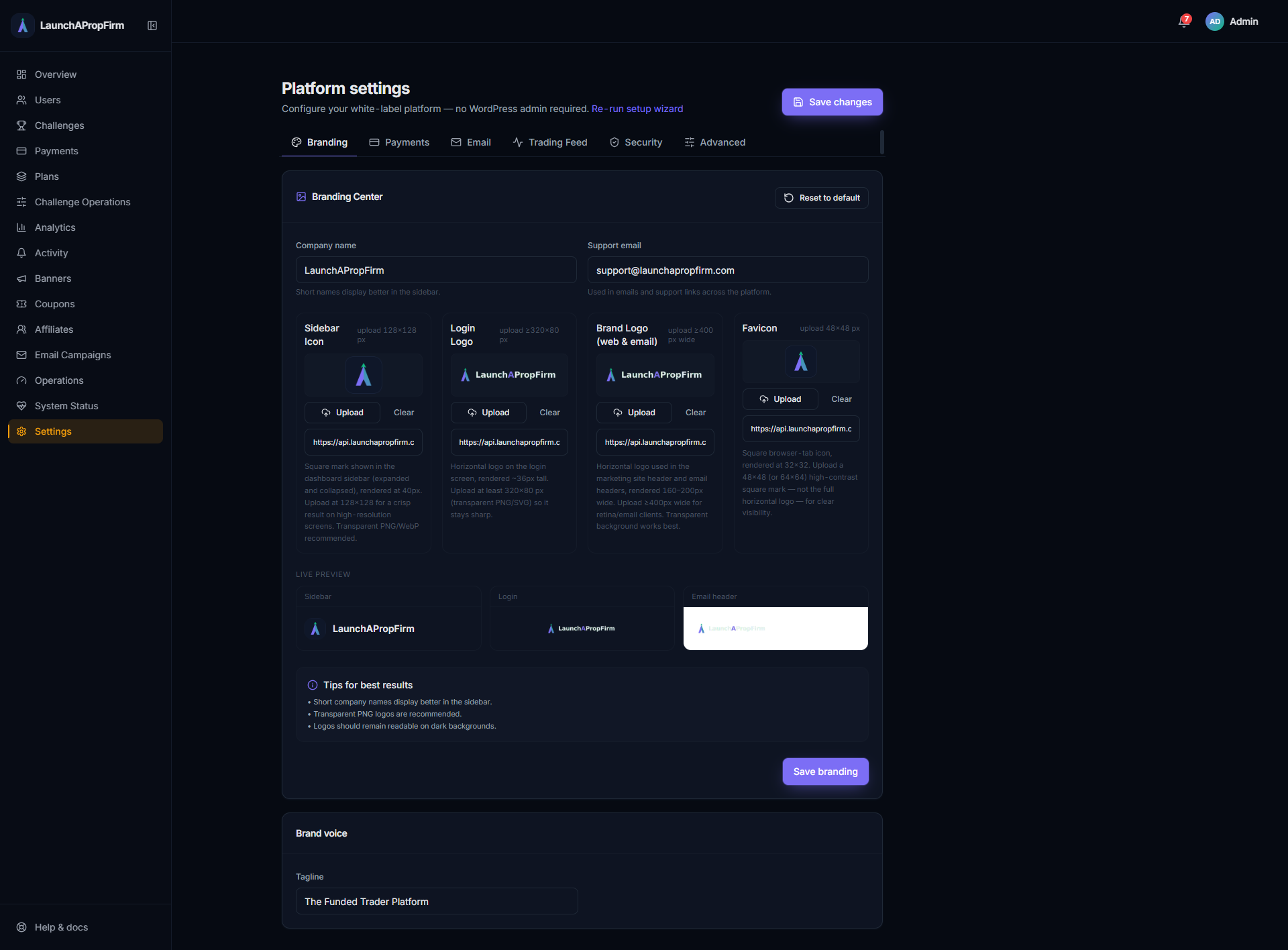 LaunchPropFirm white label branding and website customization settings