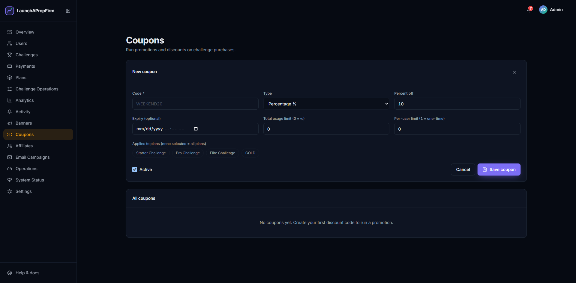 LaunchPropFirm admin coupon management panel for creating time-limited discount codes