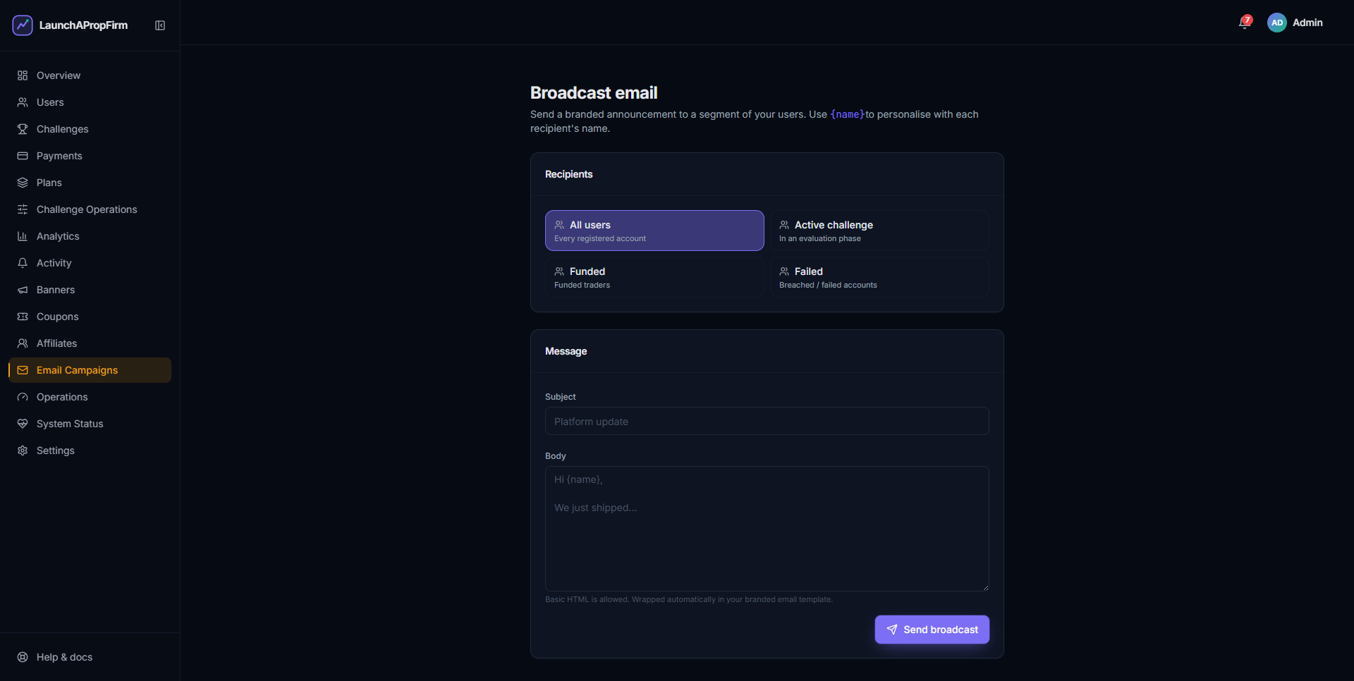 LaunchPropFirm automated email and platform automation settings