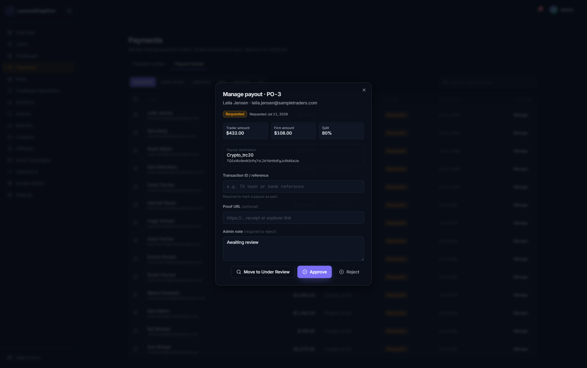 LaunchPropFirm payout management panel