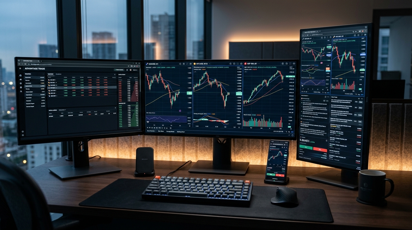 Best Forex Trading Platform for Beginners: Modern multi-monitor trading workstation showing TradingView browser terminal and mobile execution app