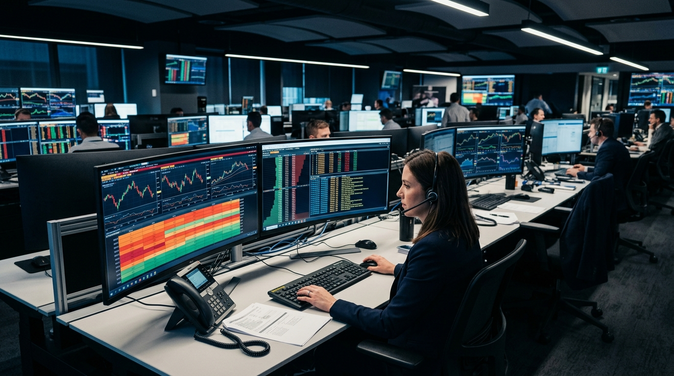 Institutional forex dealing desk operations center monitoring liquidity feeds and execution bridges