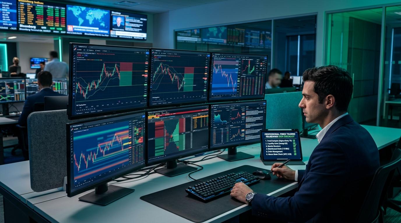 Professional Forex Trading Framework Guidelines: Modern institutional quantitative trading desk with multi-monitor workspace and risk checklist