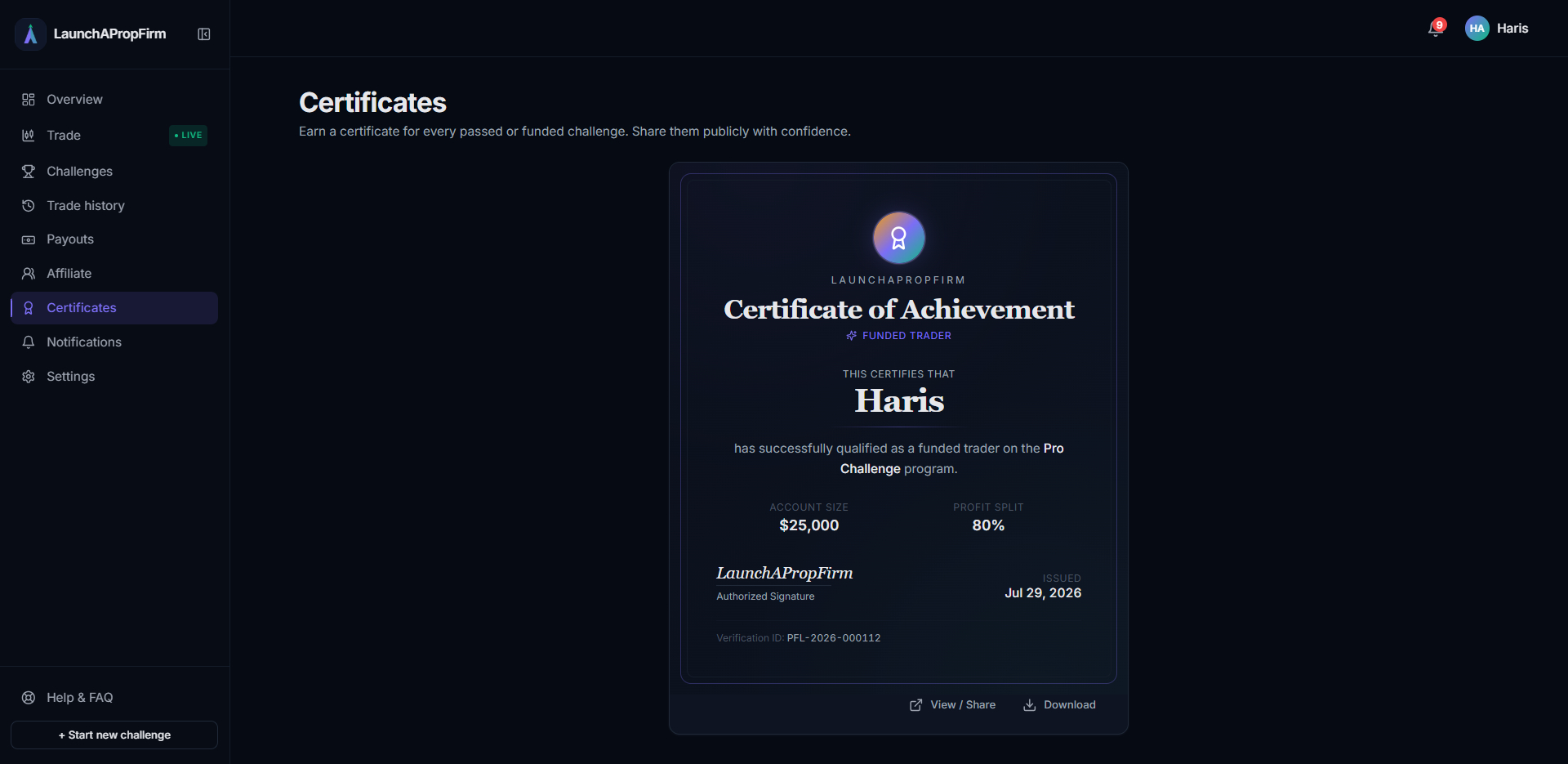 LaunchPropFirm trader certificate dashboard showing branded funded trader certificates as payout proof