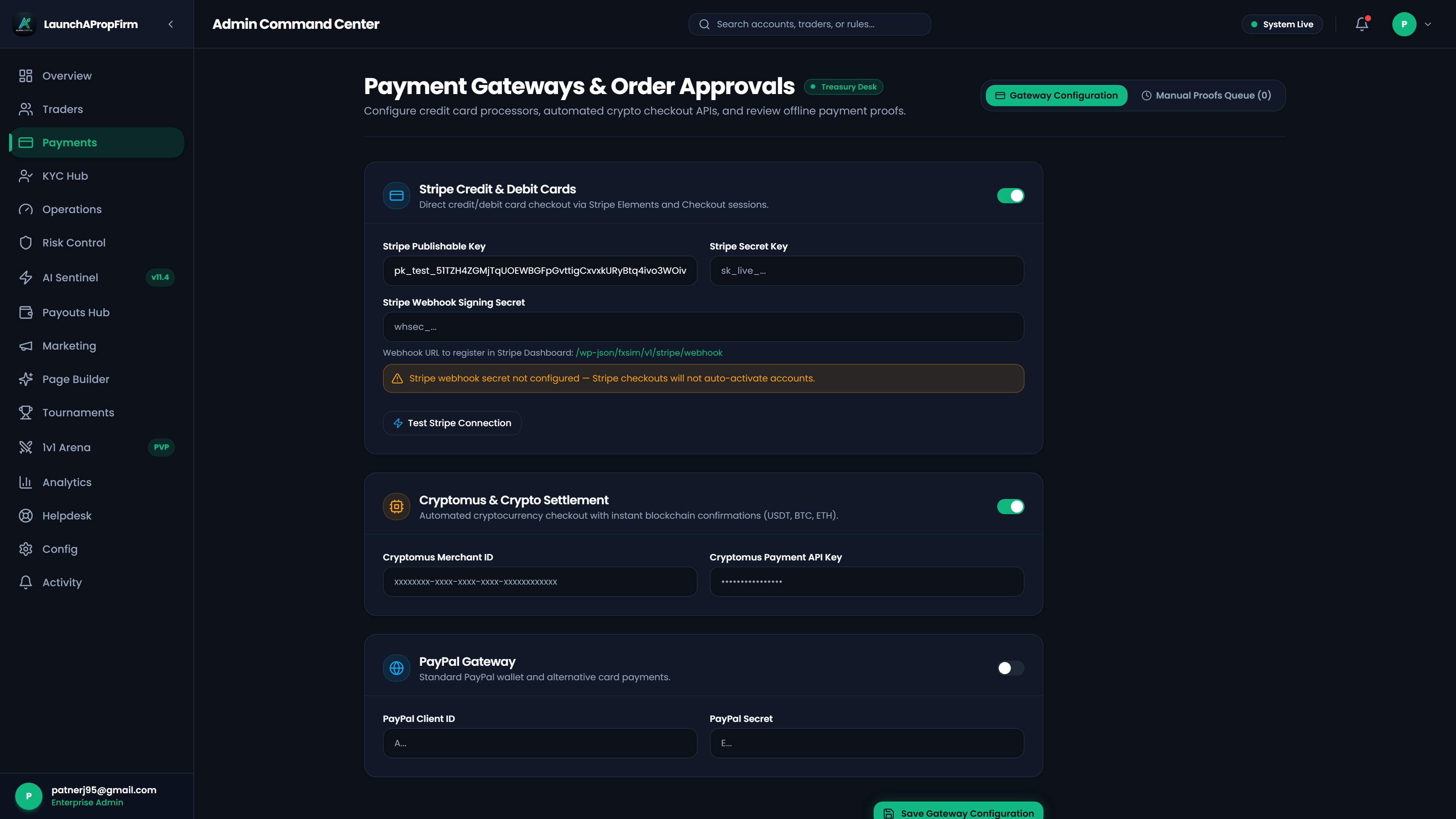 LaunchPropFirm Admin payments ledger monitoring incoming challenge orders and clearing outbound payout disbursement batches