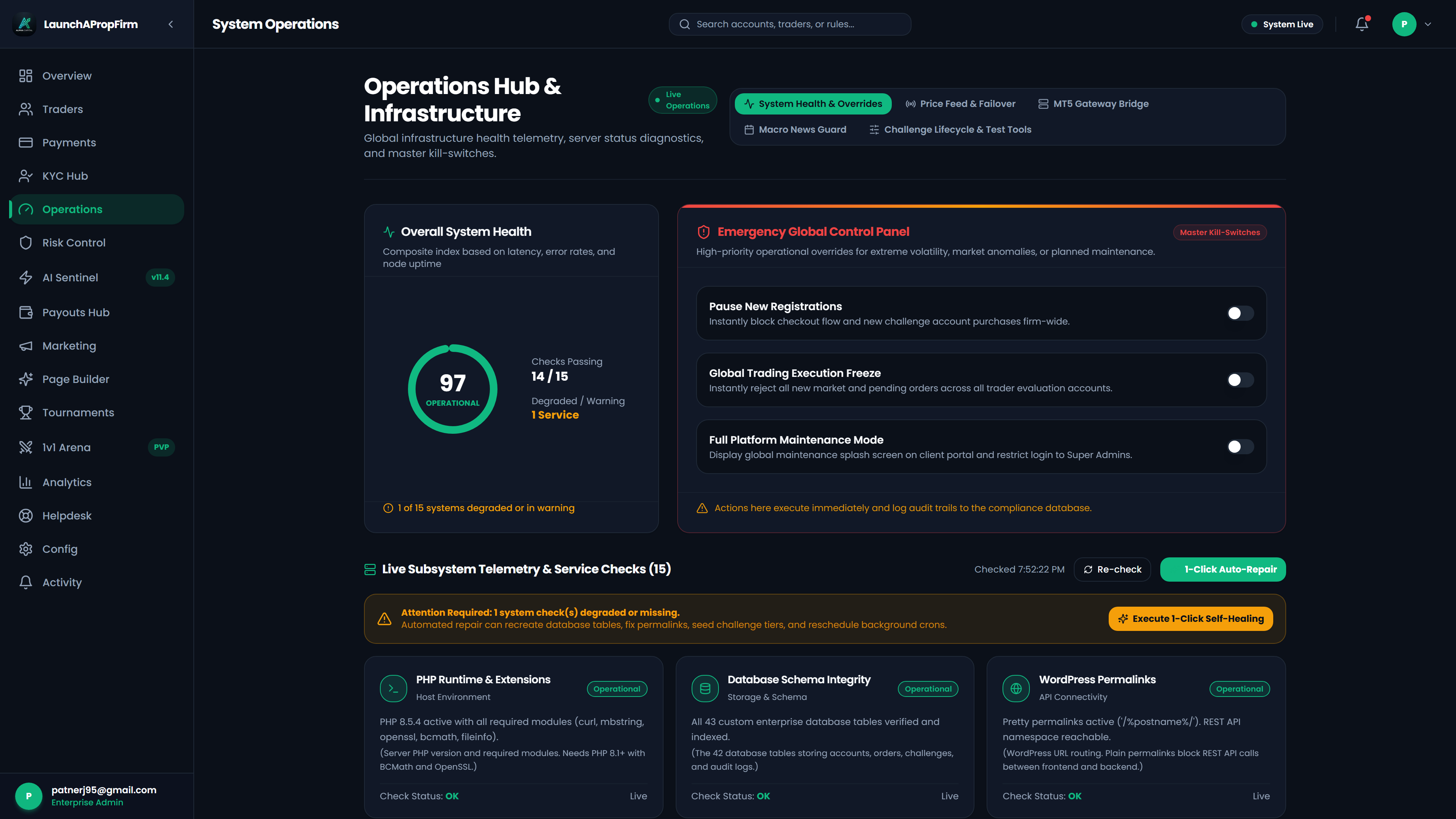 Admin real-time operations command center monitoring trade execution feeds, bridge latency, and server health