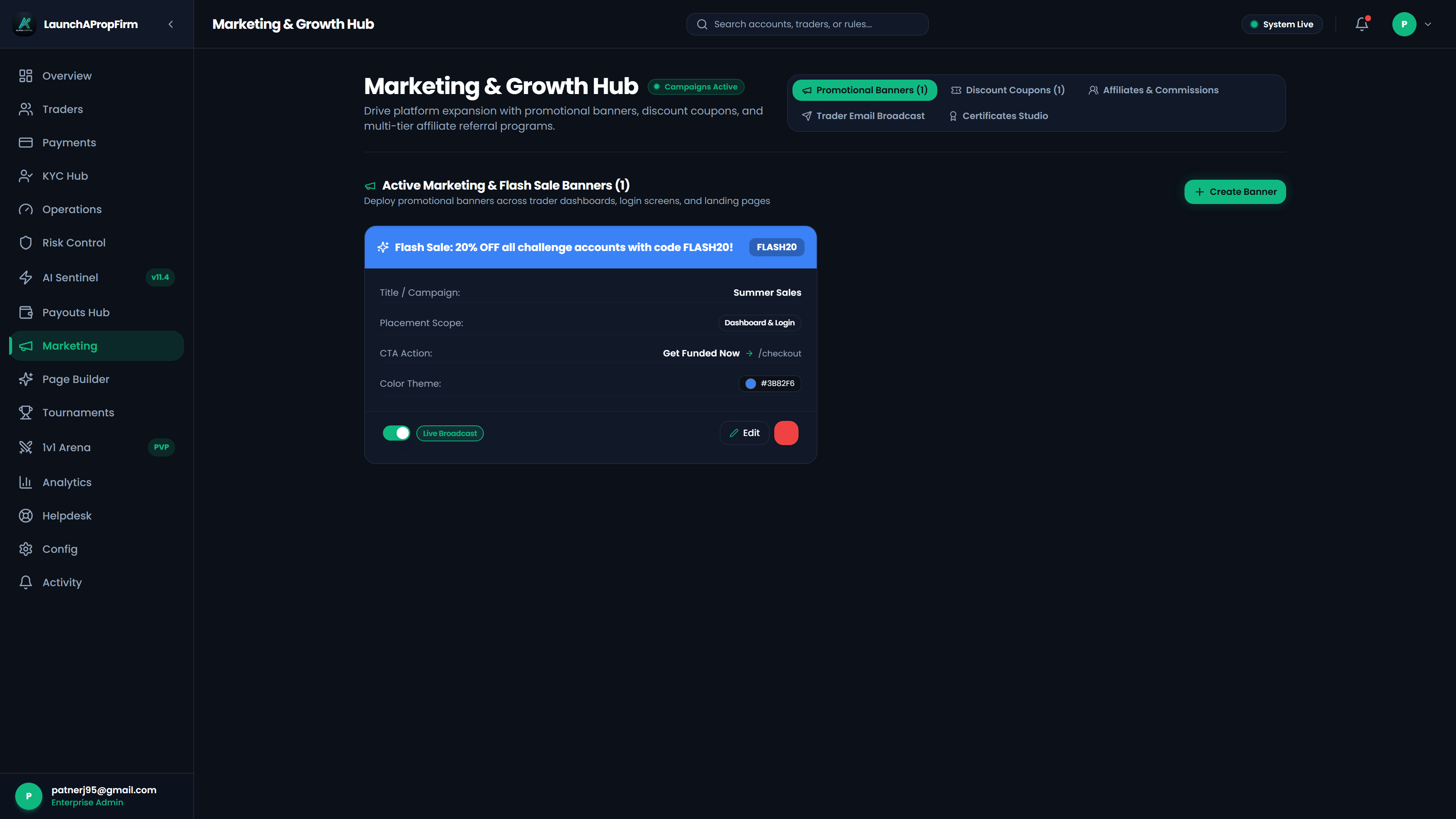 Admin marketing and affiliate control center managing promotional discount codes, email automation, and conversion tracking