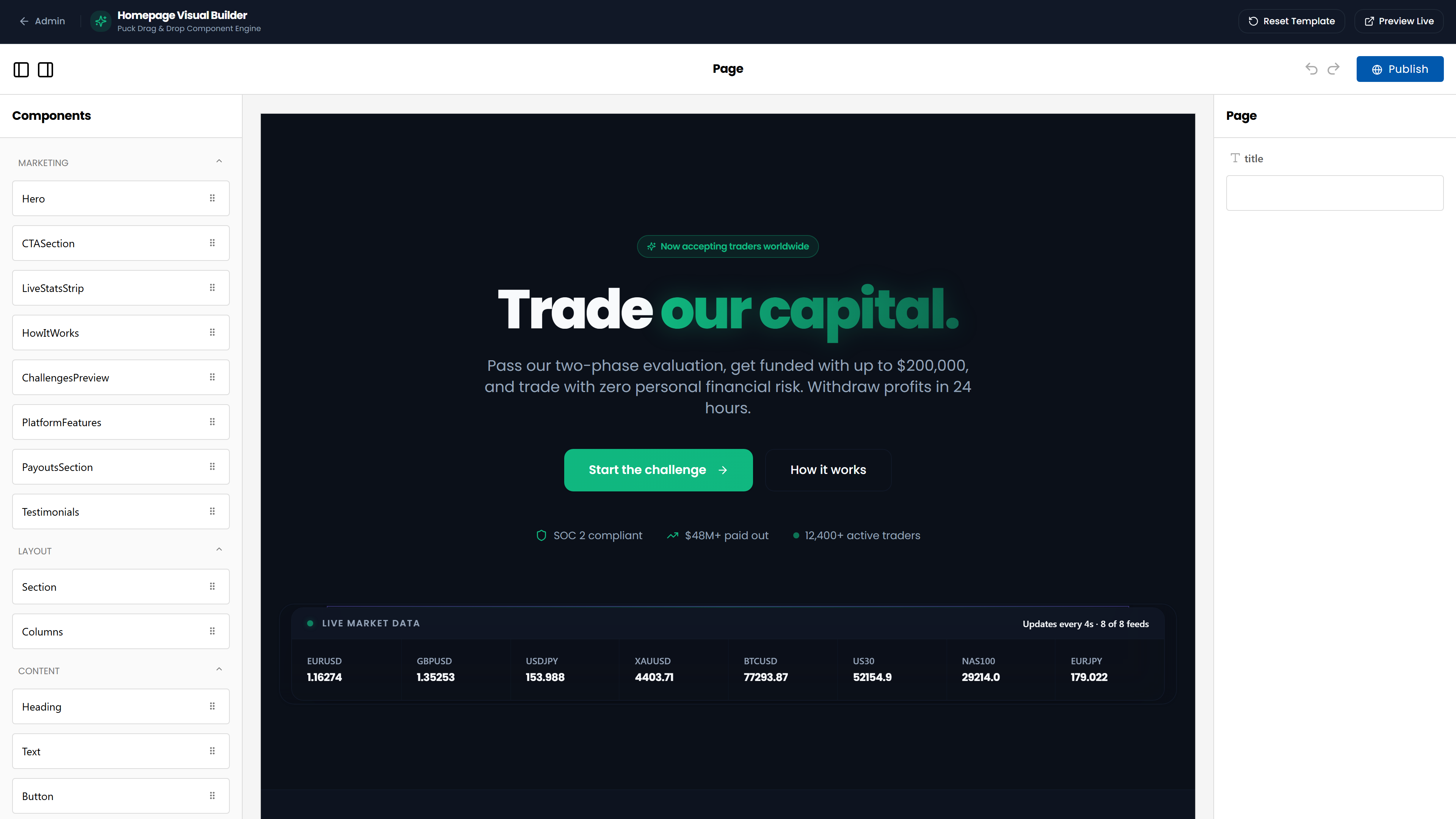 White-label page builder and branding customization center for prop firm frontends