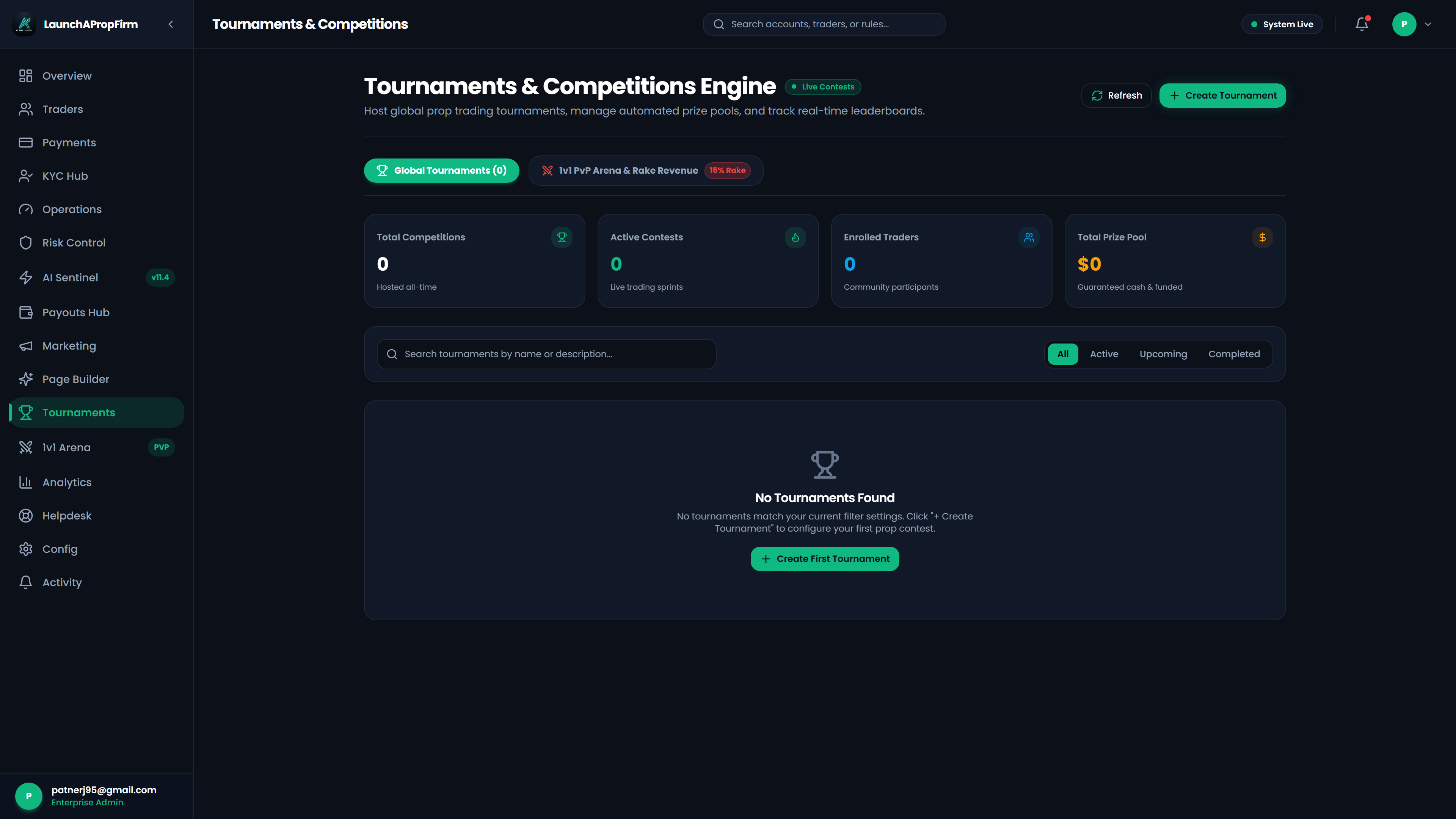 Admin tournament and competition manager configuring dynamic prize structures, participant limits, and scoring formulas
