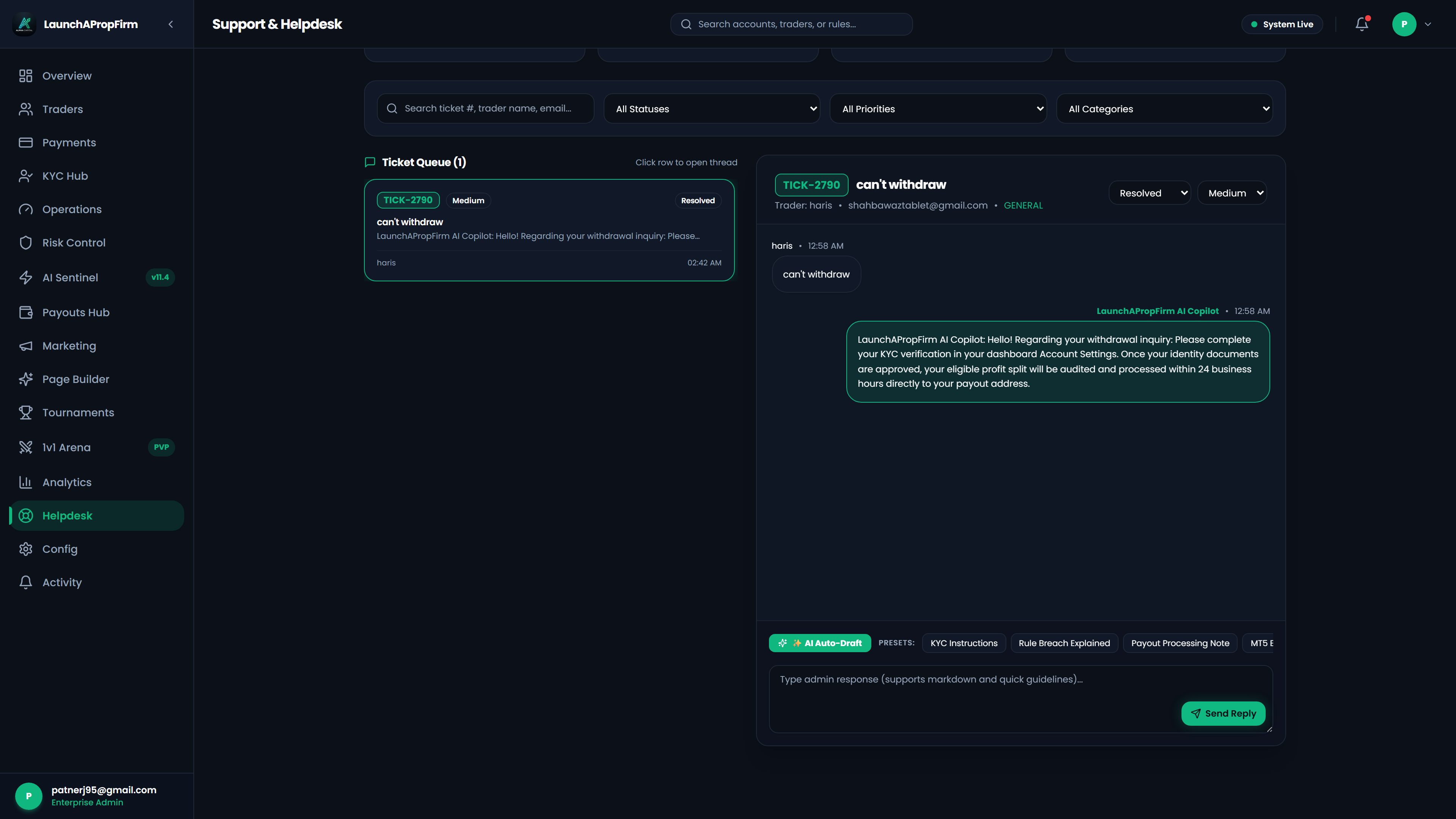 Admin helpdesk ticketing desk managing trader inquiries, dispute resolution, and operational support queues