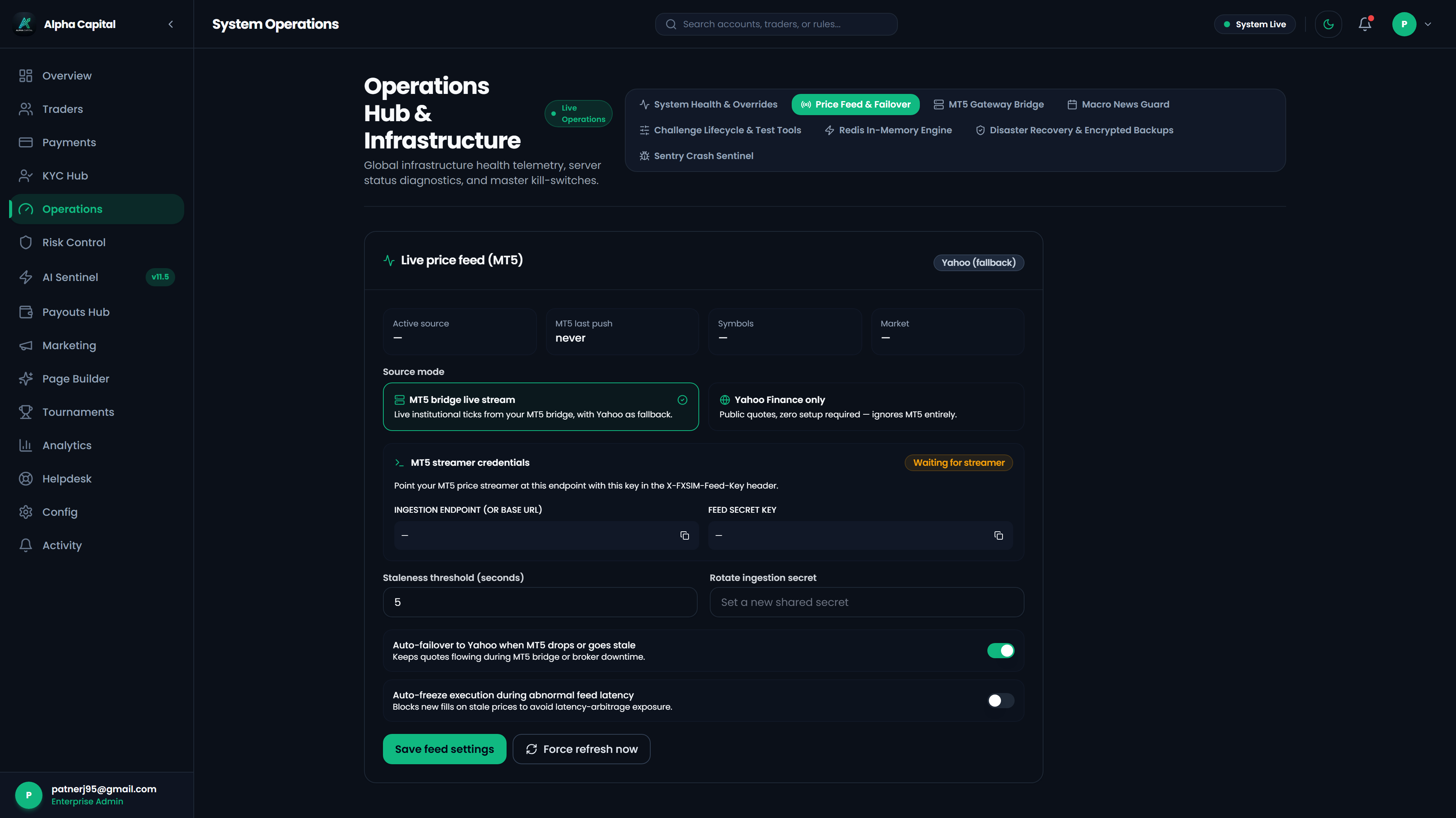 Admin real-time operations feed tracking sub-second bridge execution events and automated drawdown breach flags
