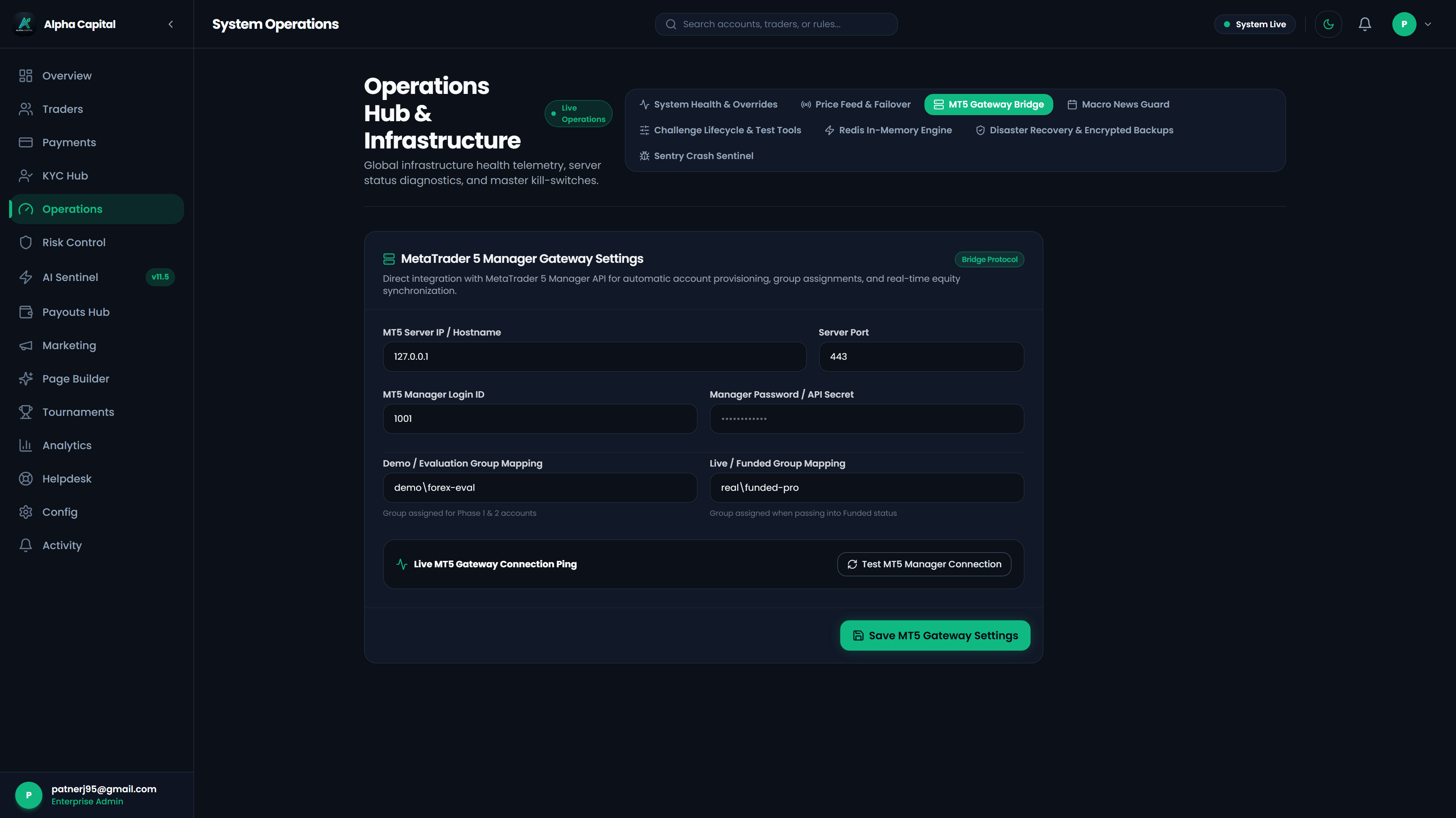 MetaTrader 5 server bridge management console configuring FIX connection pools, symbol mapping, and latency monitors
