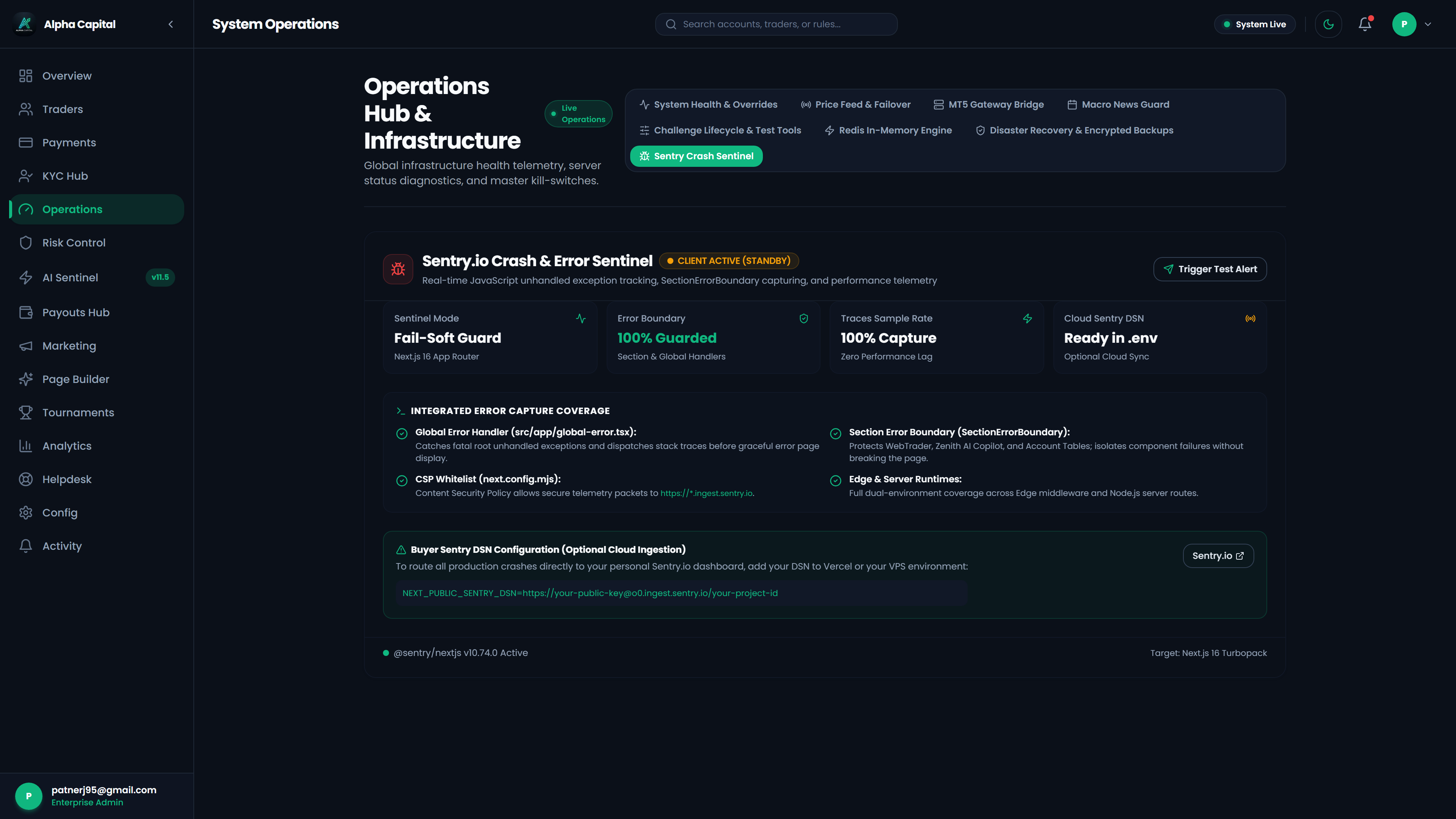 Admin Sentry telemetry and error monitoring console tracking API latency, bridge errors, and platform uptime