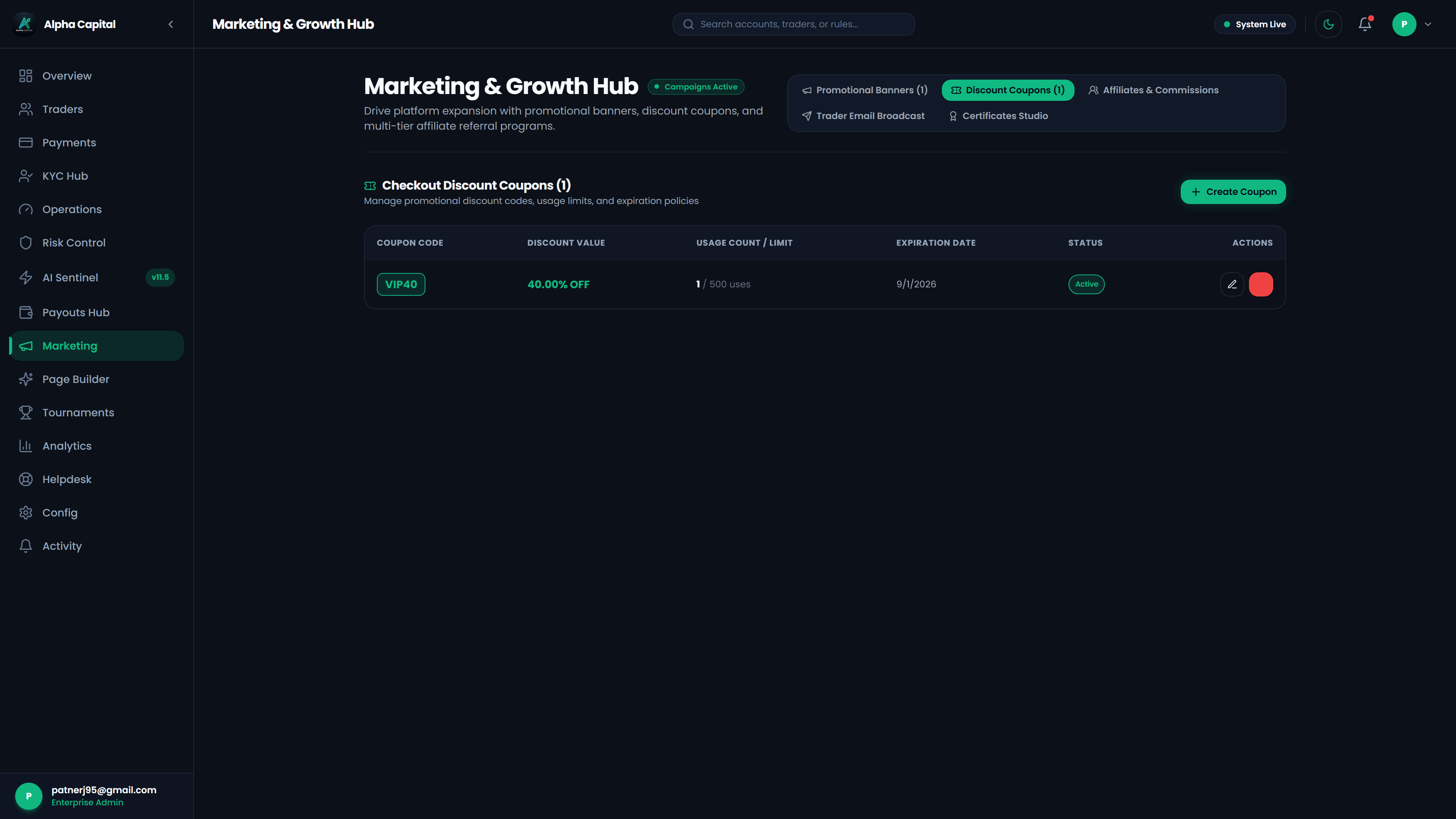 Admin coupons and promotional engine generating zero-cost referral discounts and campaign attribution links