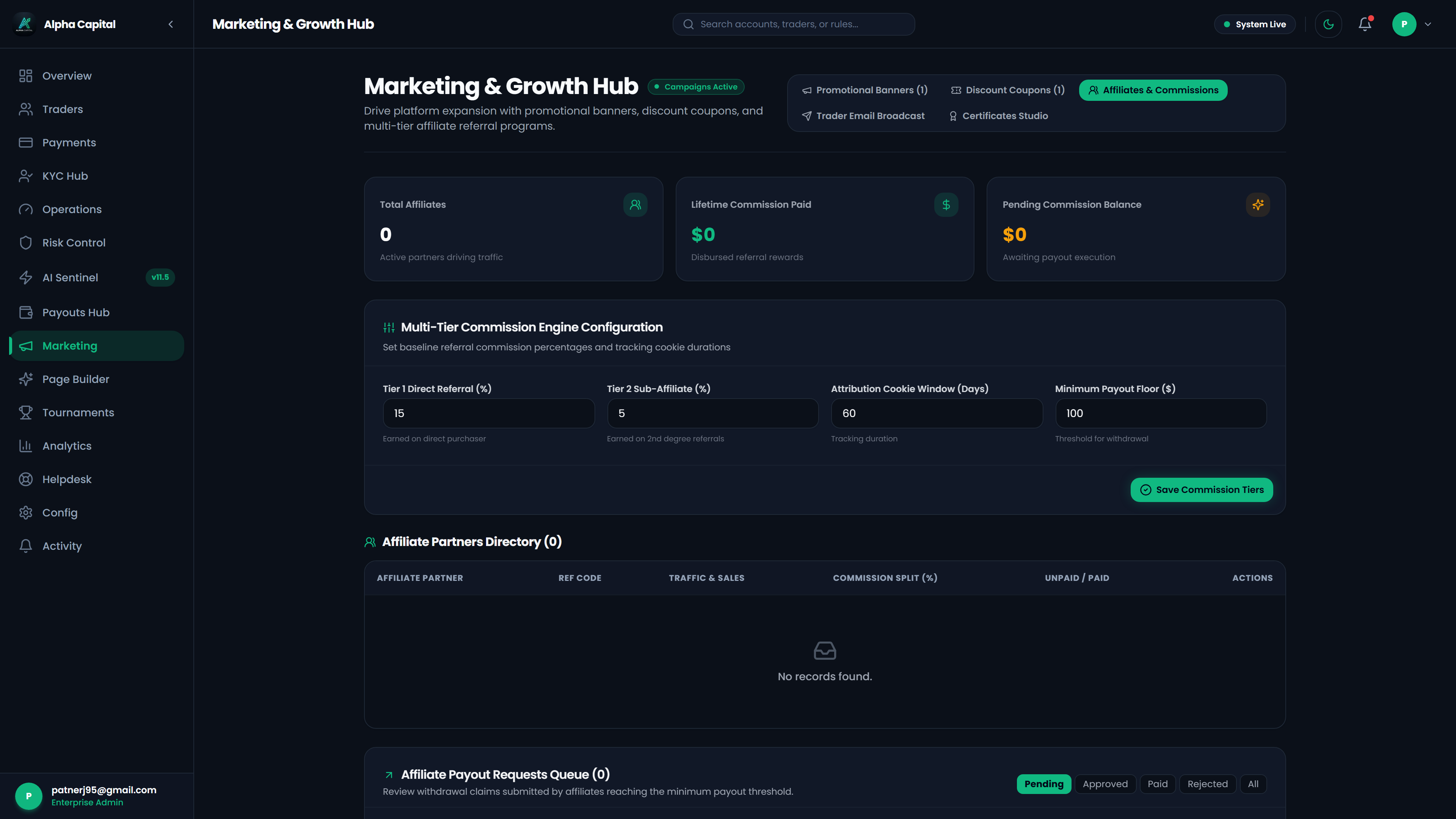Admin tiered affiliate commission ladder configuring custom reward percentages, tier thresholds, and cookie lifetimes