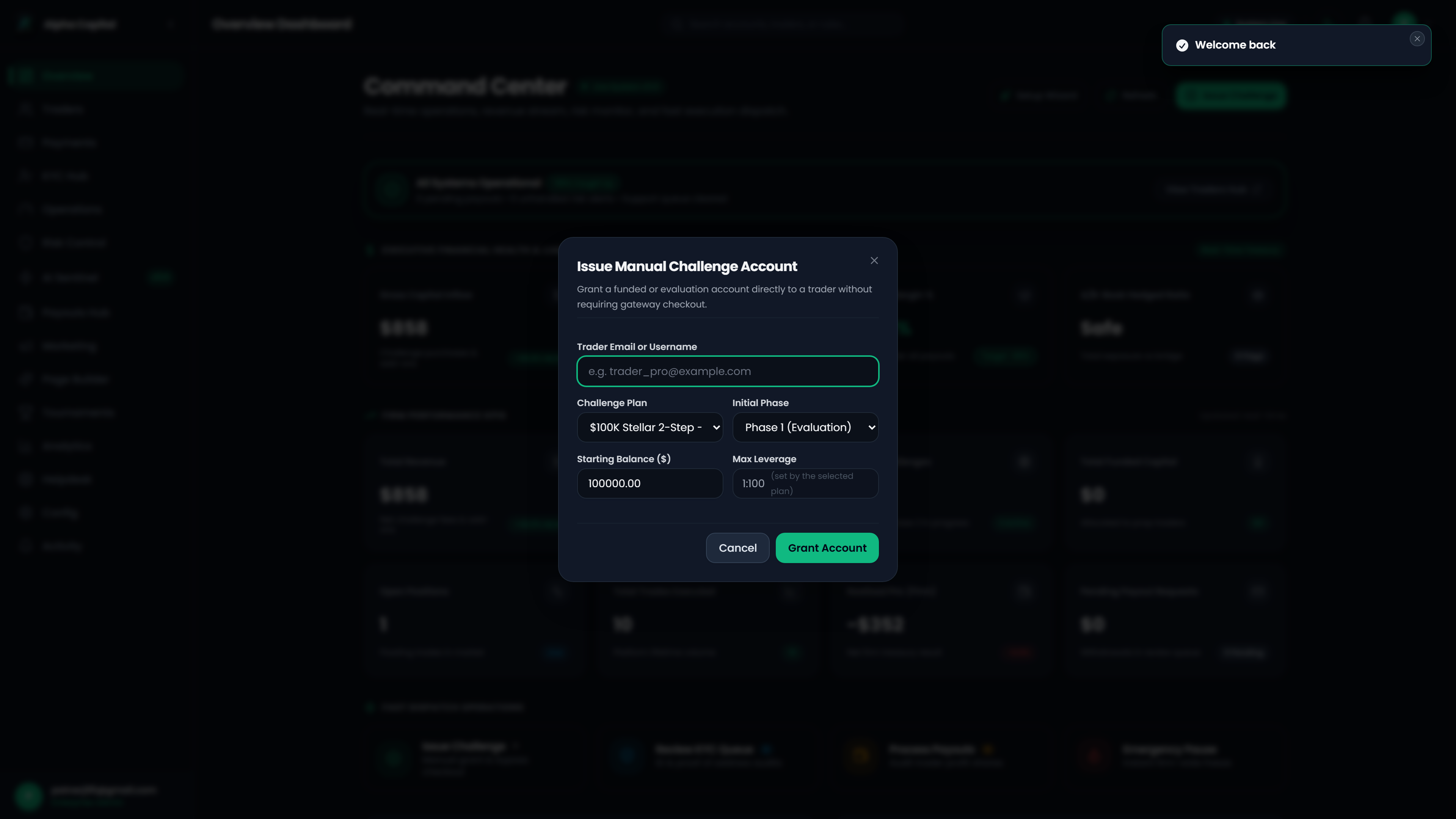 LaunchPropFirm Admin manual challenge and funded account issuance modal configuring account balance, daily loss, and broker bridge credentials