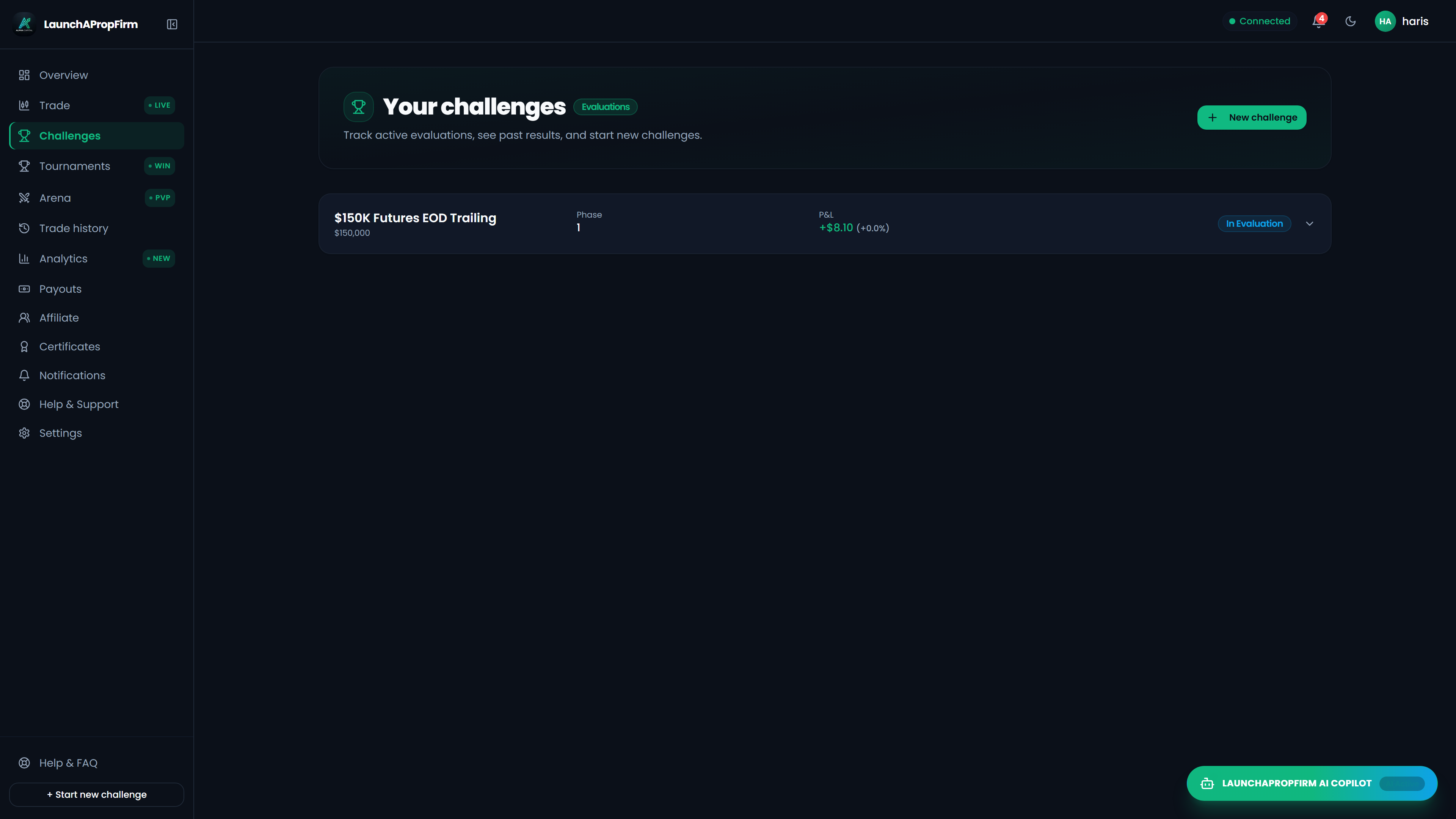 LaunchPropFirm Trader Portal dashboard displaying active evaluation and funded account challenge cards with real-time equity meters and drawdown status
