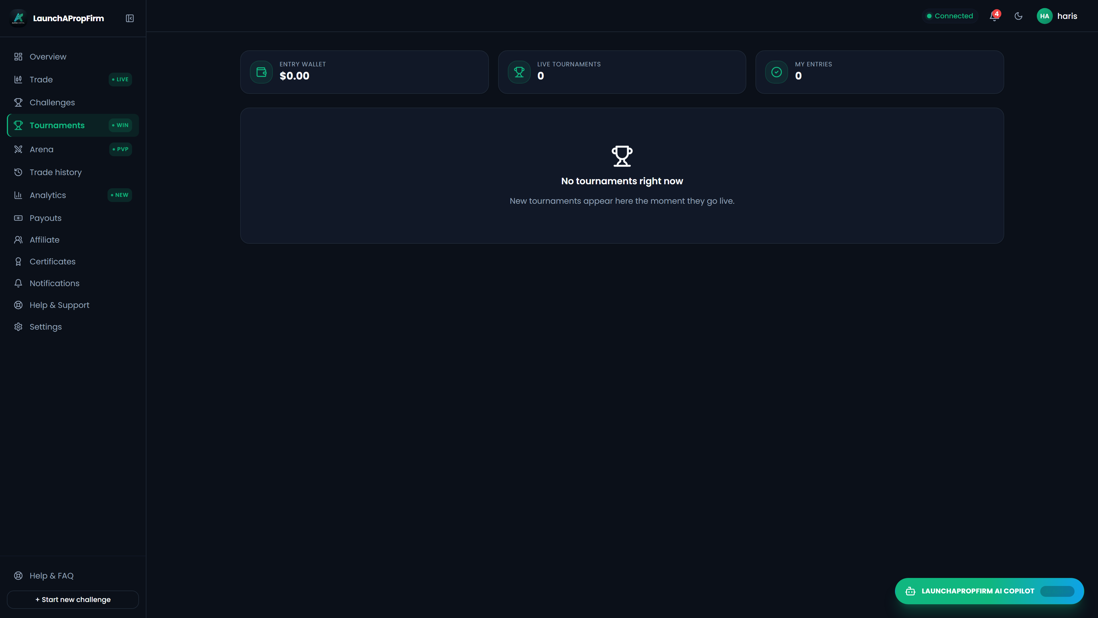 Prop Firm Tournaments client portal interface showing active competitions, prize pools, and dynamic leaderboard standings