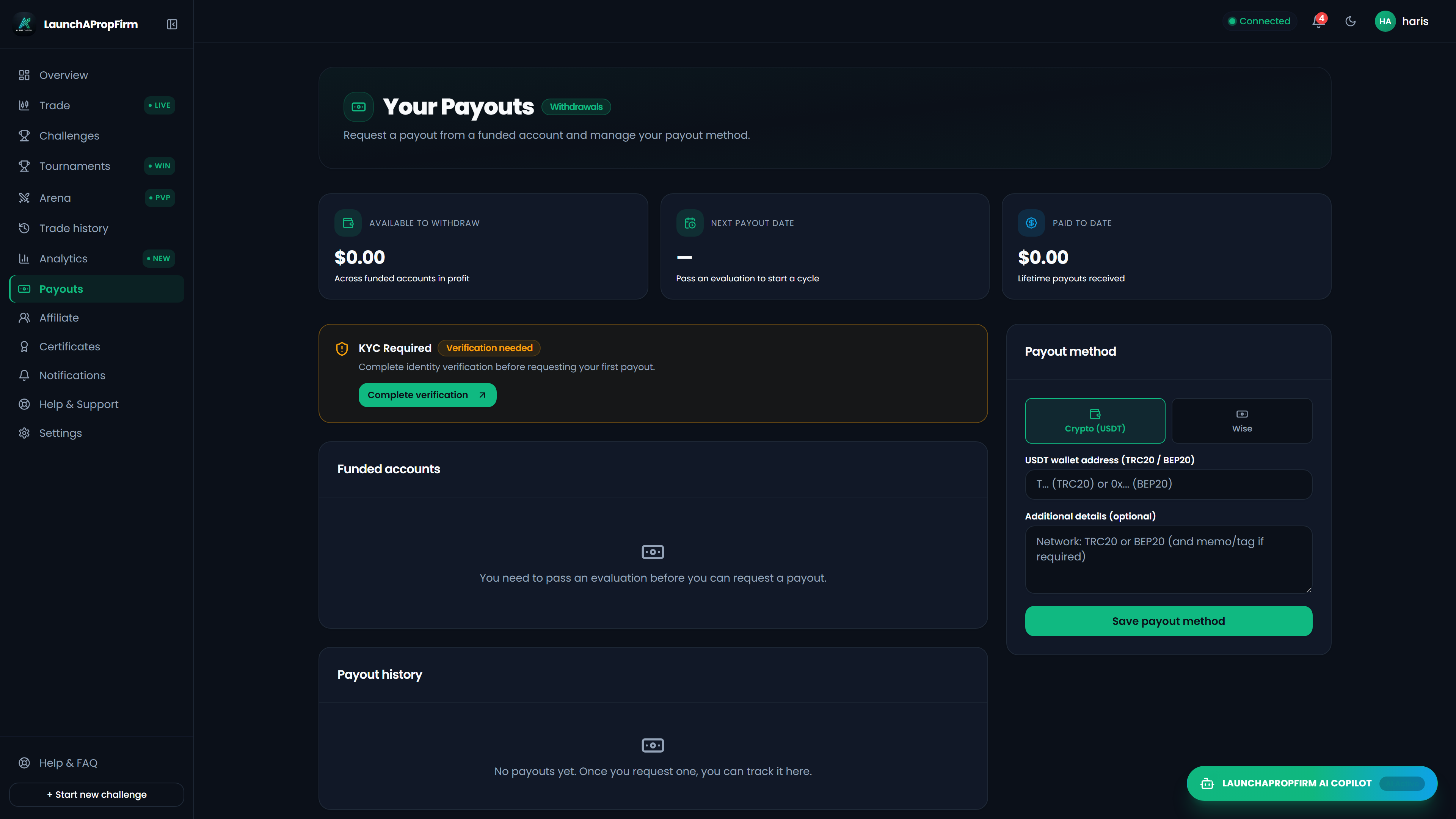 LaunchPropFirm Trader Payout Interface managing verified profit split disbursements funded directly from the operational reserve treasury buffer