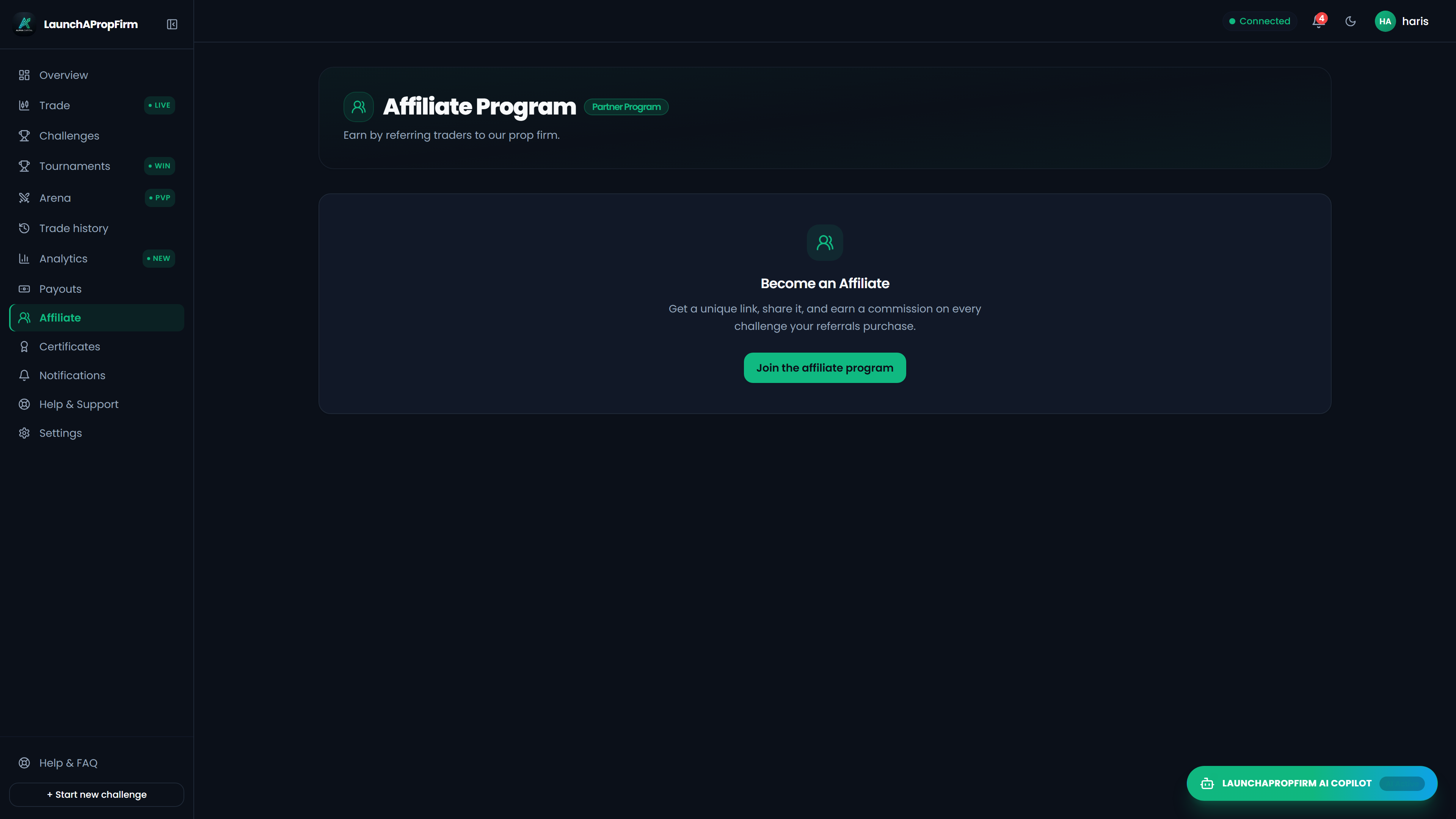Trader affiliate partner portal tracking referral clicks, signups, and commission payouts