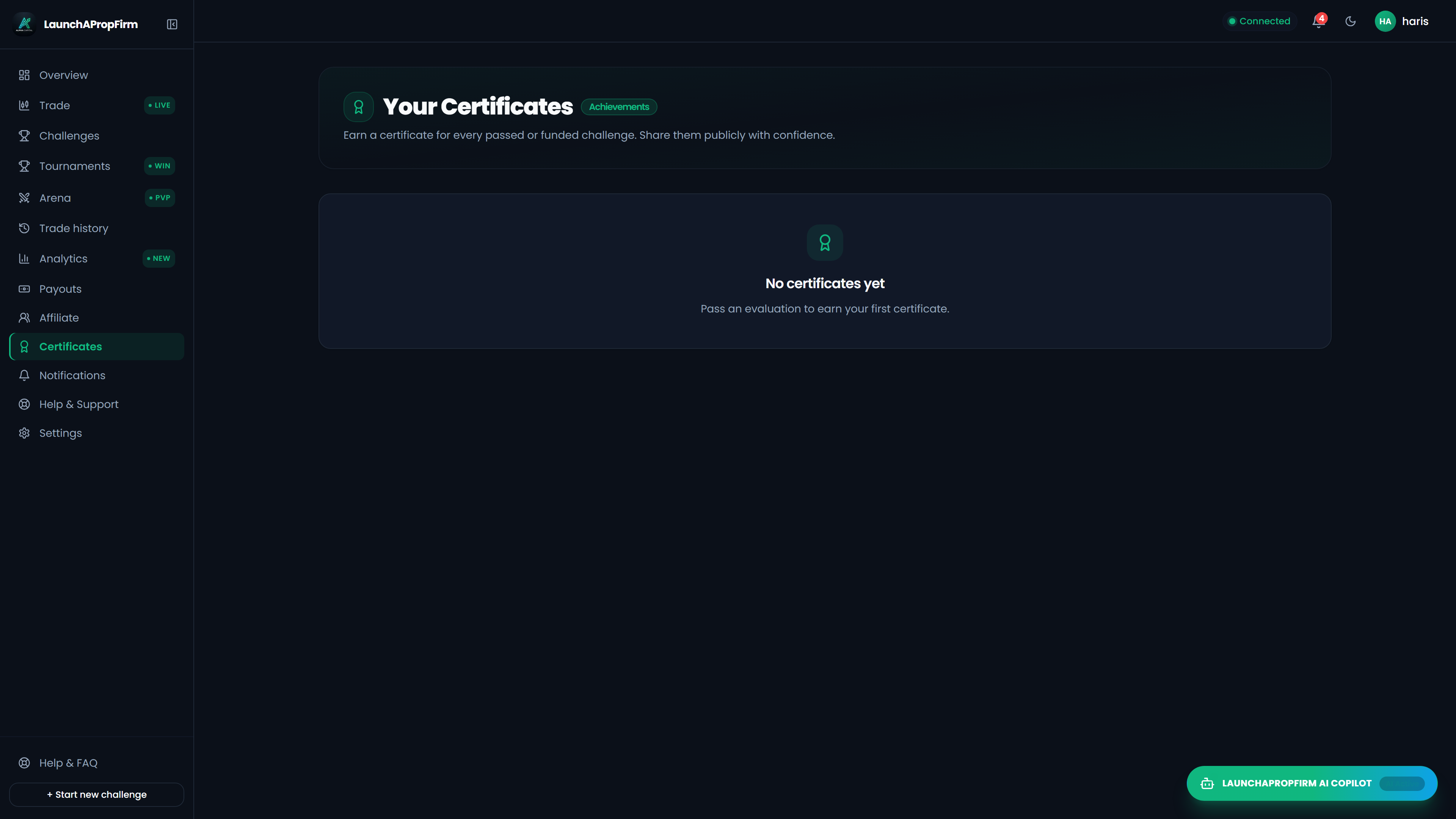 Digital verification certificates verifying challenge milestone completion and funded account allocations