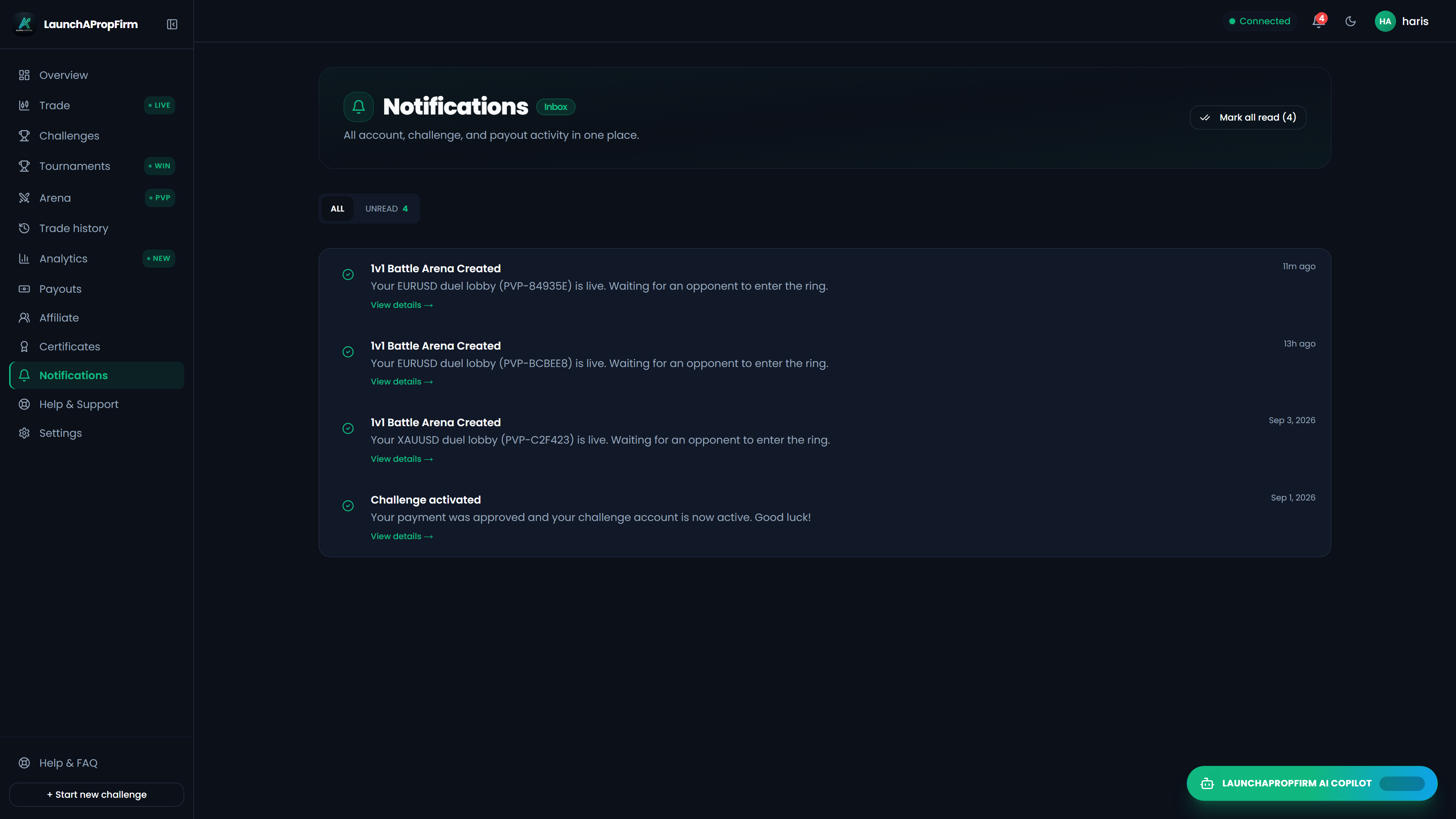 Trader real-time alert notifications displaying daily drawdown warnings and evaluation milestone updates
