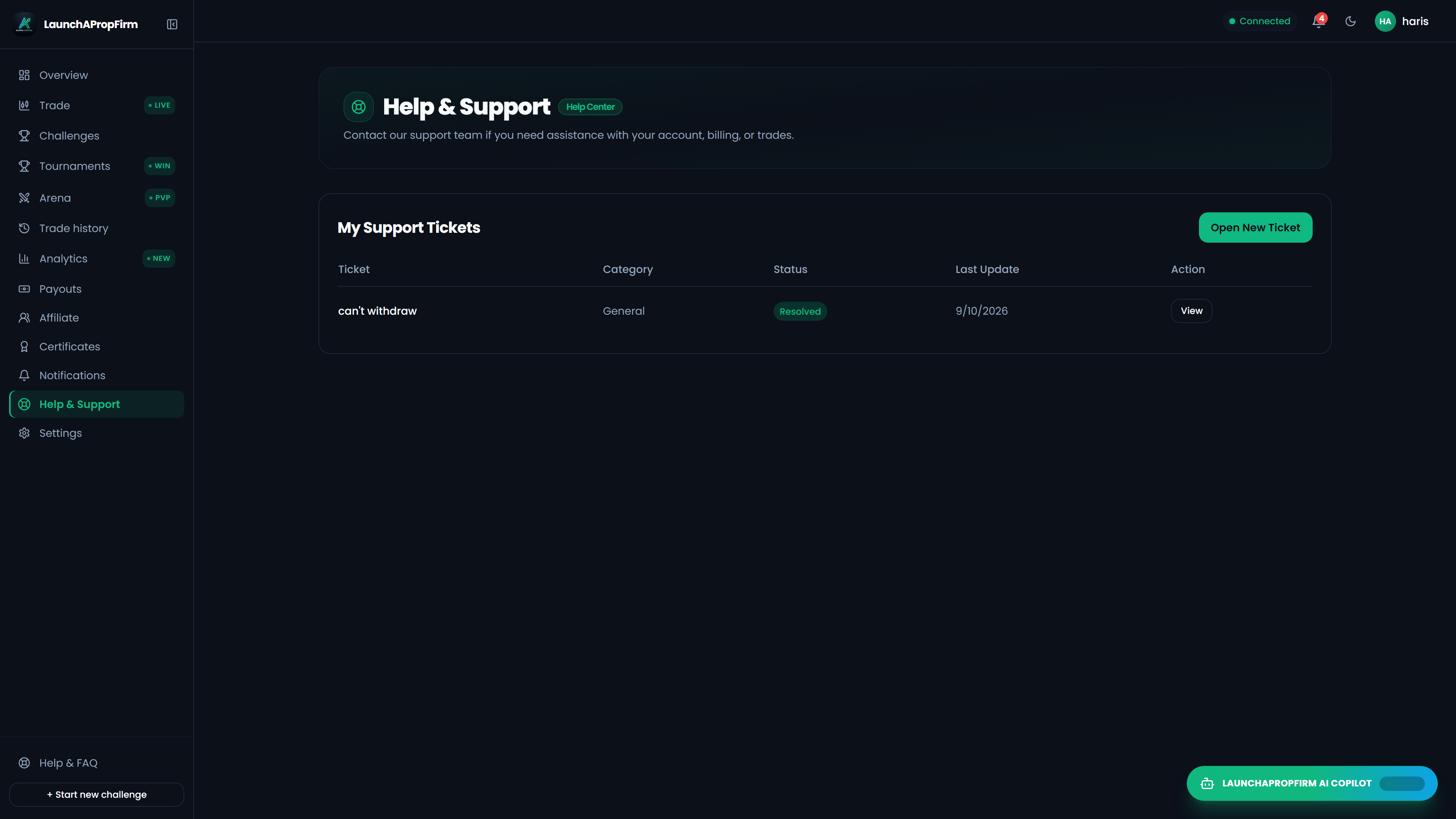 Trader support center facilitating dispute ticket submission and platform knowledge base assistance