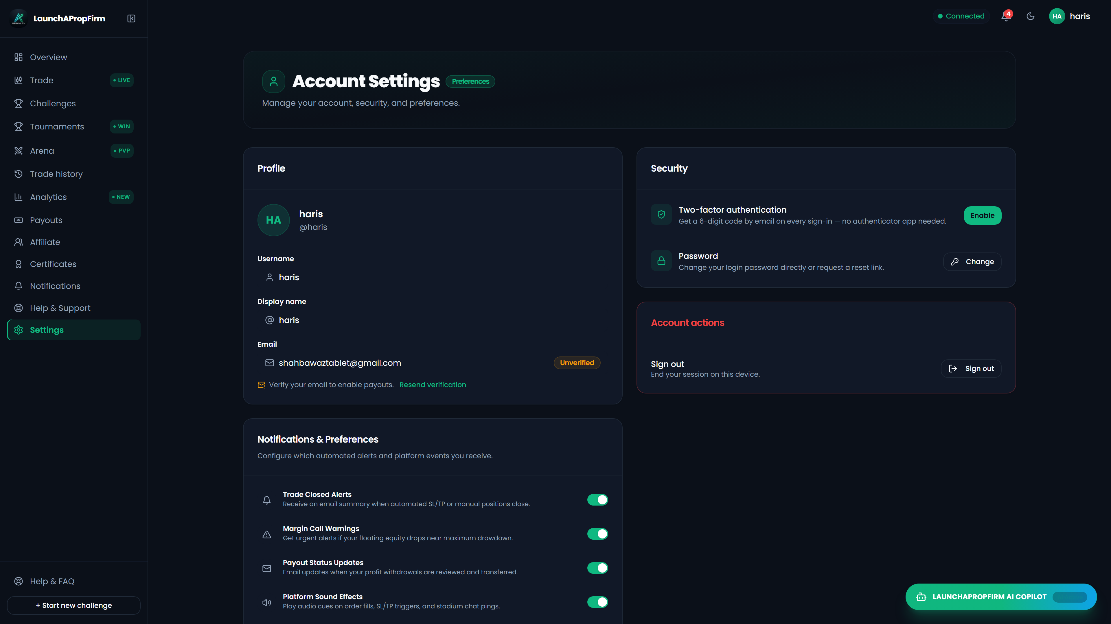 Trader profile settings console managing two-factor authentication, security credentials, and account preferences