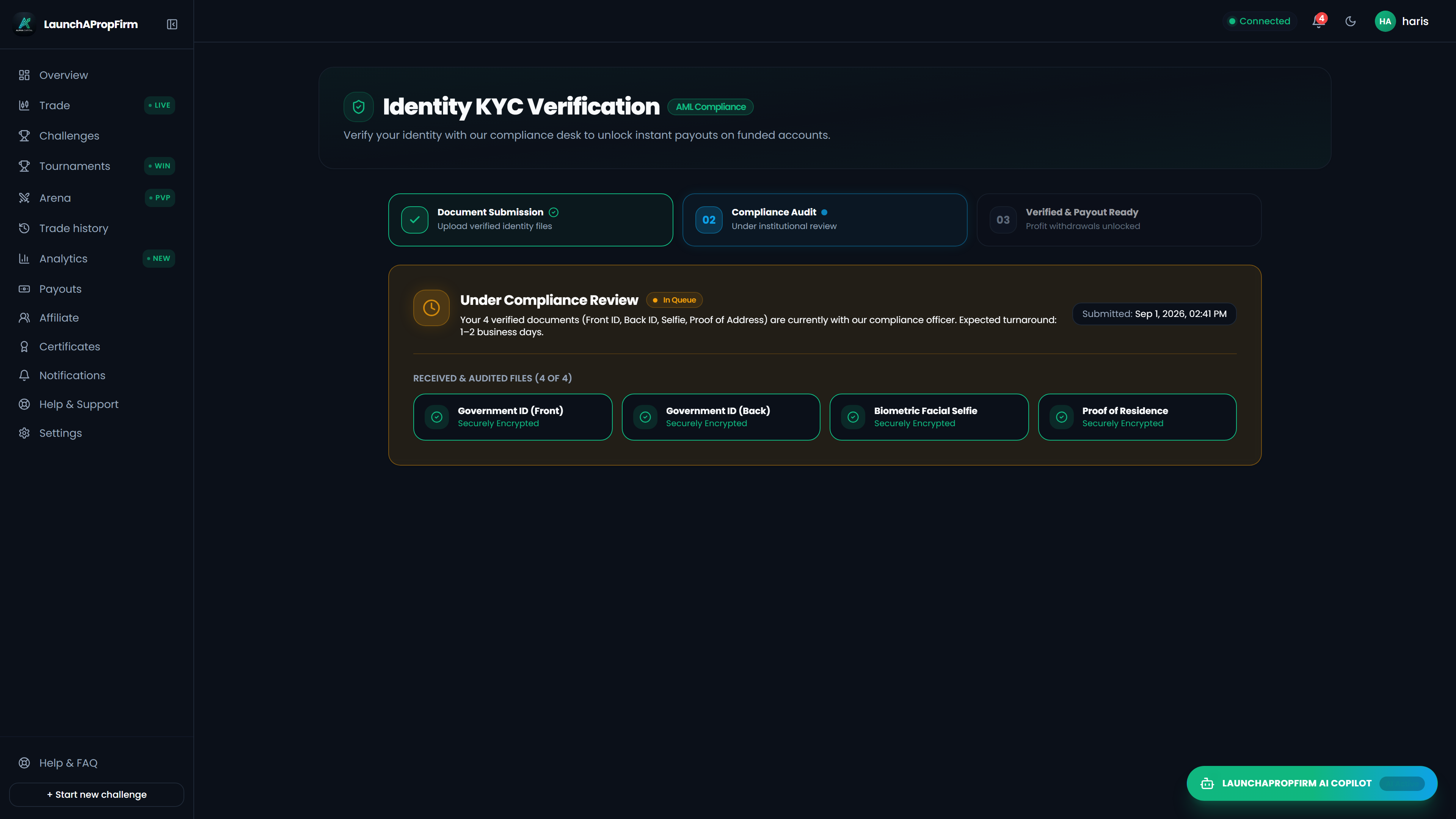 Client portal KYC verification dashboard displaying real-time ID approval status and tier verification