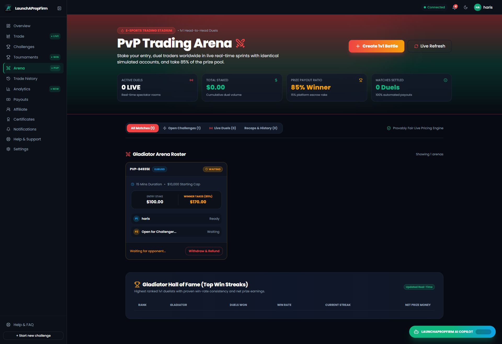 Trader 1v1 PvP duel interface enabling direct head-to-head trading battles with automated house rake collection