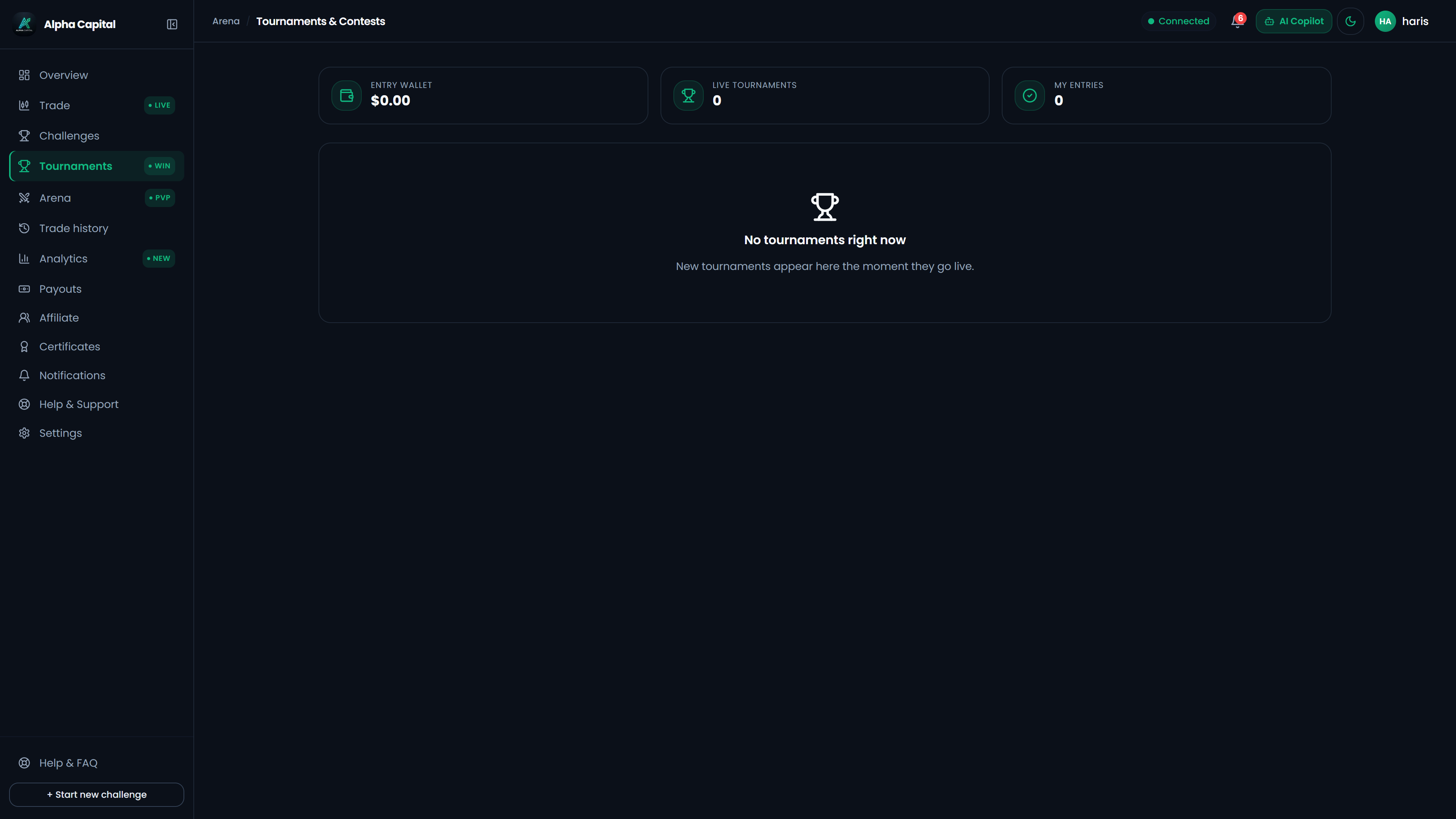 Active trading tournament portal showcasing live competition standings, participant equity, and leaderboard ranks
