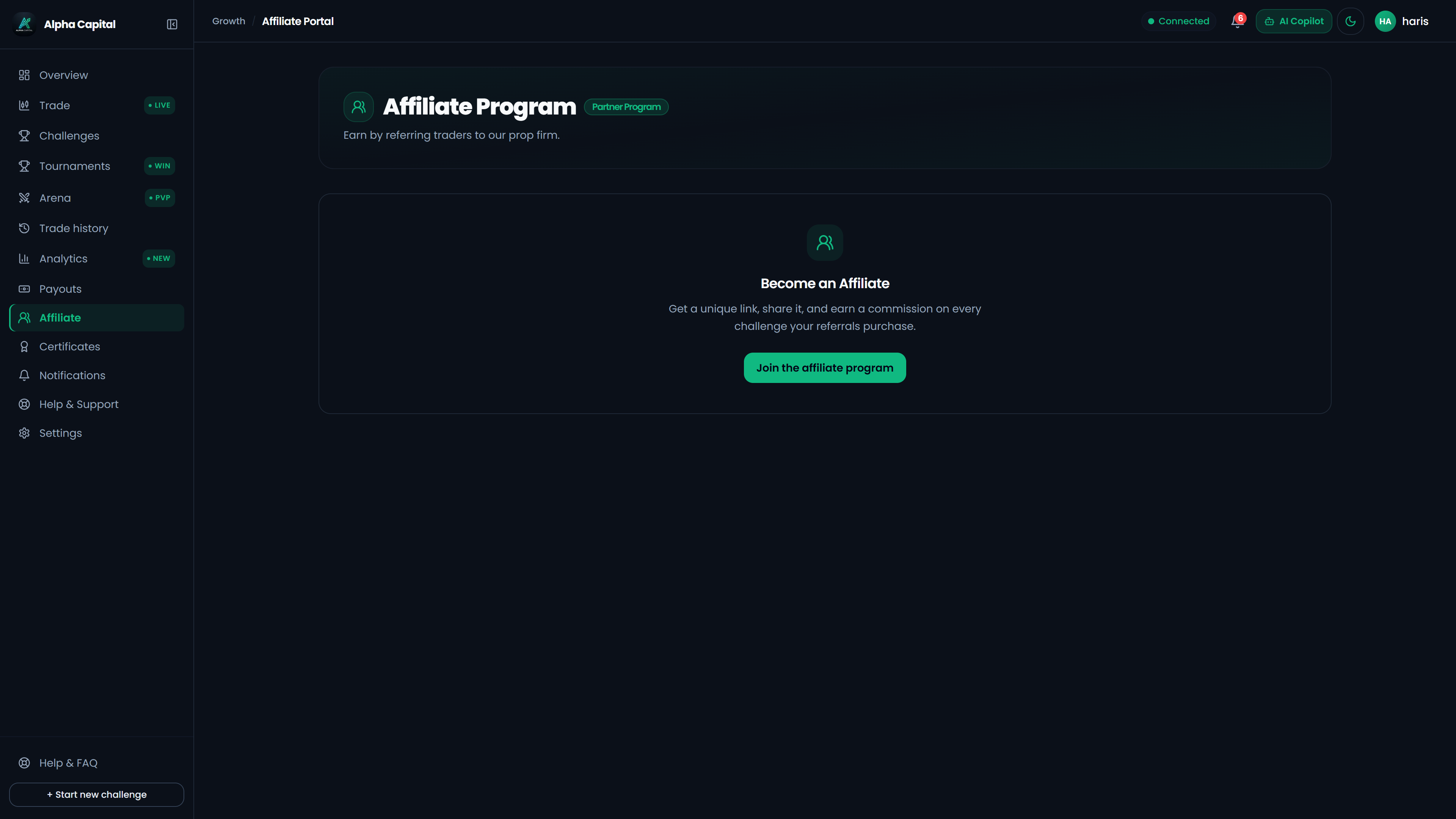 Trader affiliate marketing portal showing multi-tier referral tracking, conversion stats, and automated payouts