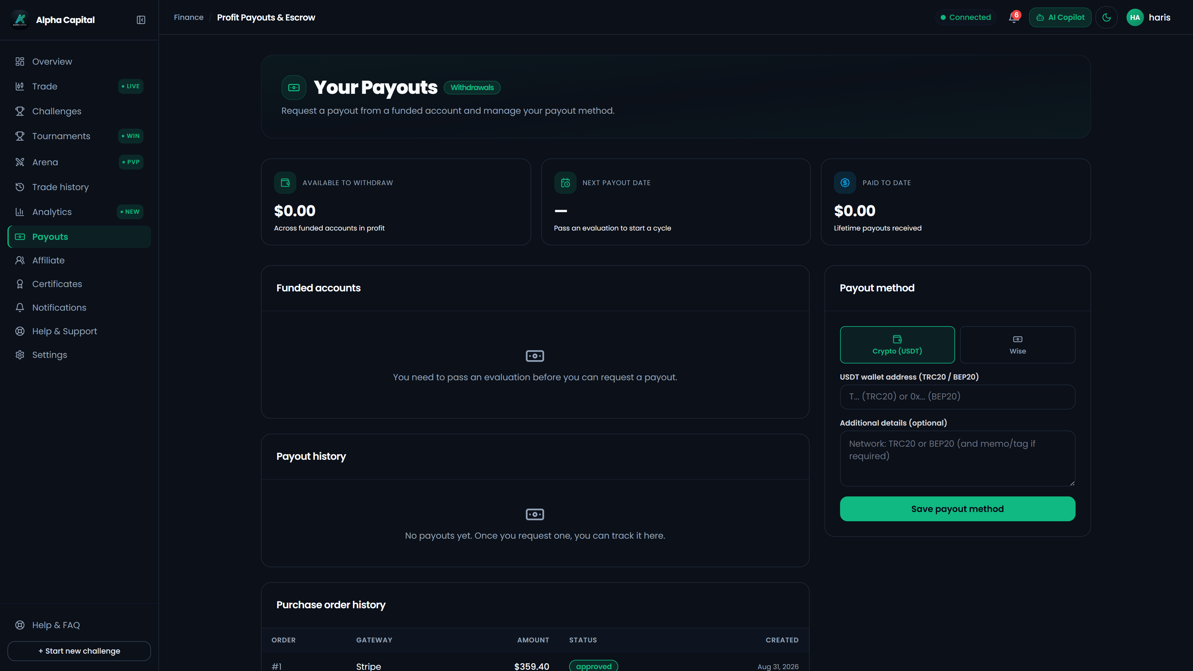 Trader payout disbursement portal managing crypto and fiat withdrawal methods with automated profit splits