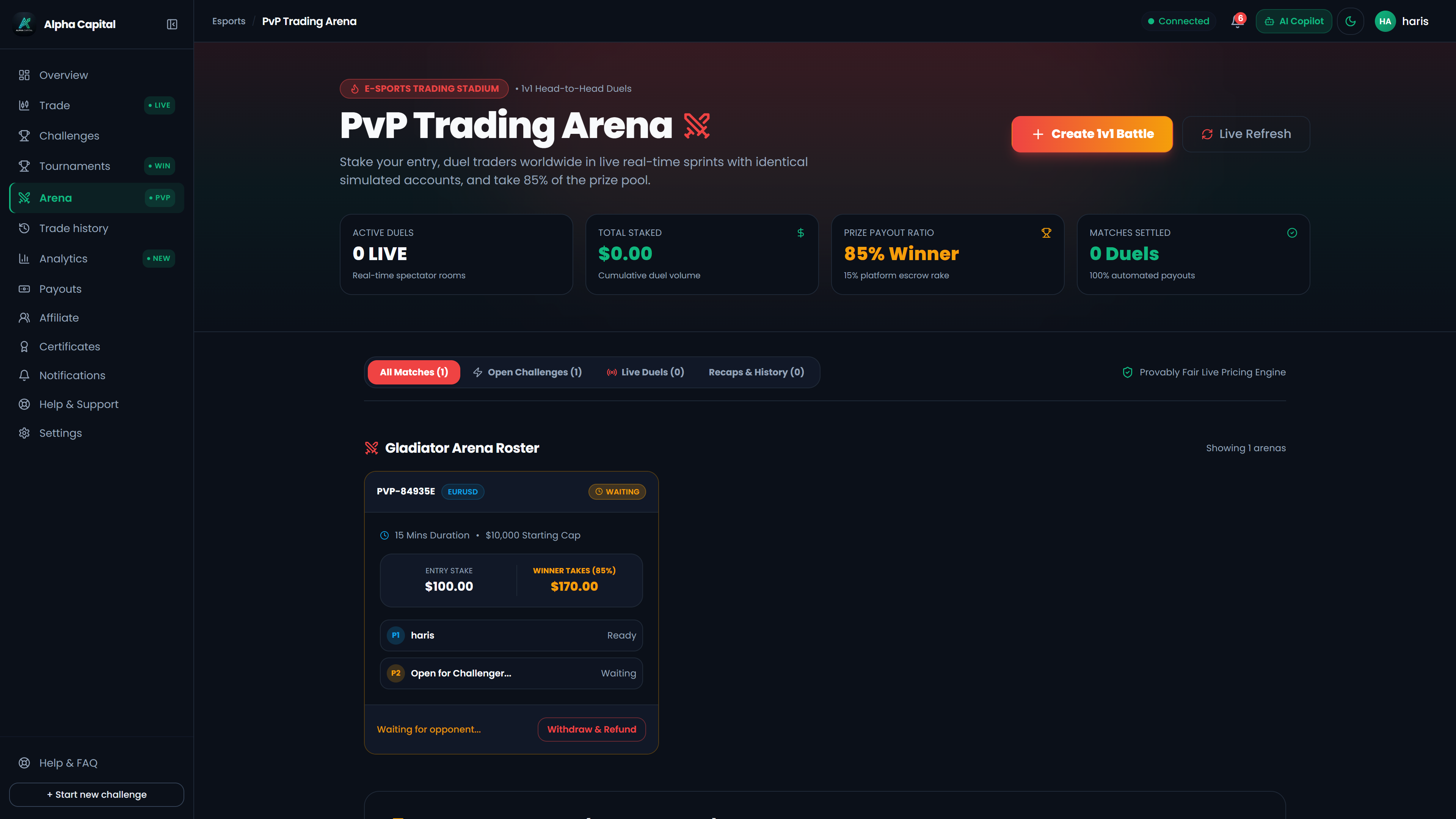 Interactive 1v1 PvP trading battle matchmaking arena generating organic retention and daily platform fee revenue