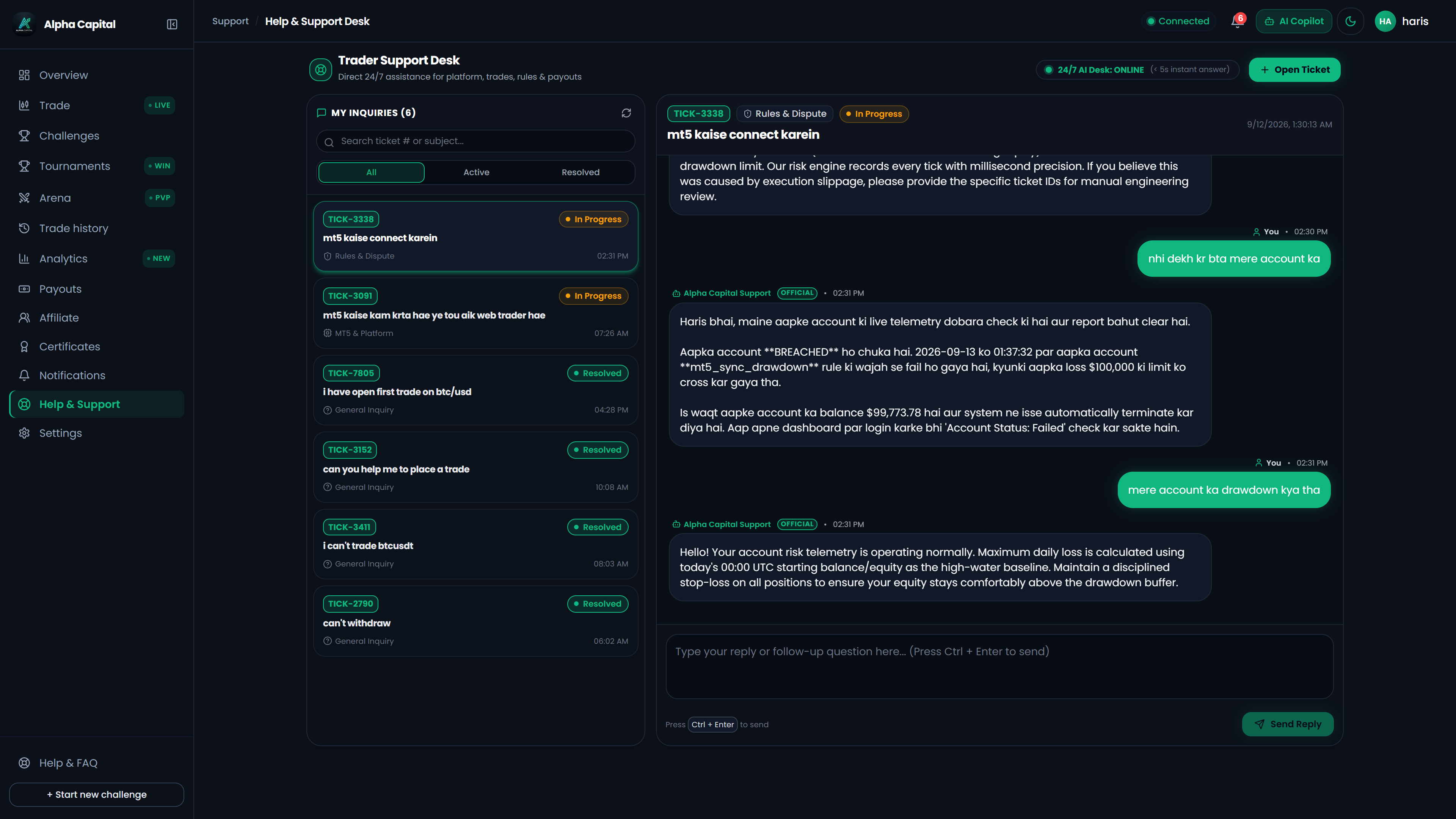 Trader support ticketing center providing prompt communication, issue escalation, and knowledge base access