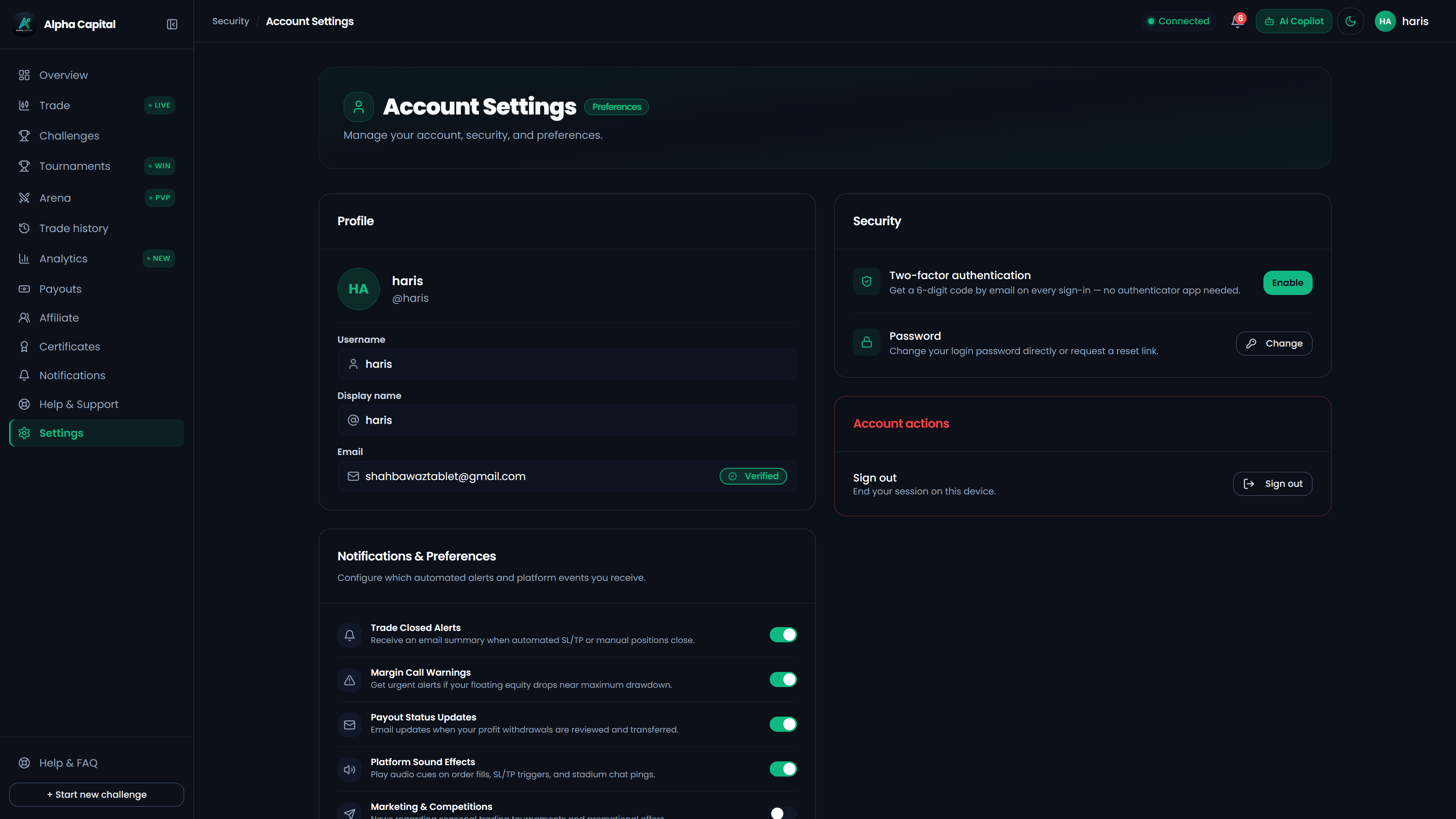 Trader profile and security settings console managing multi-factor authentication and session controls