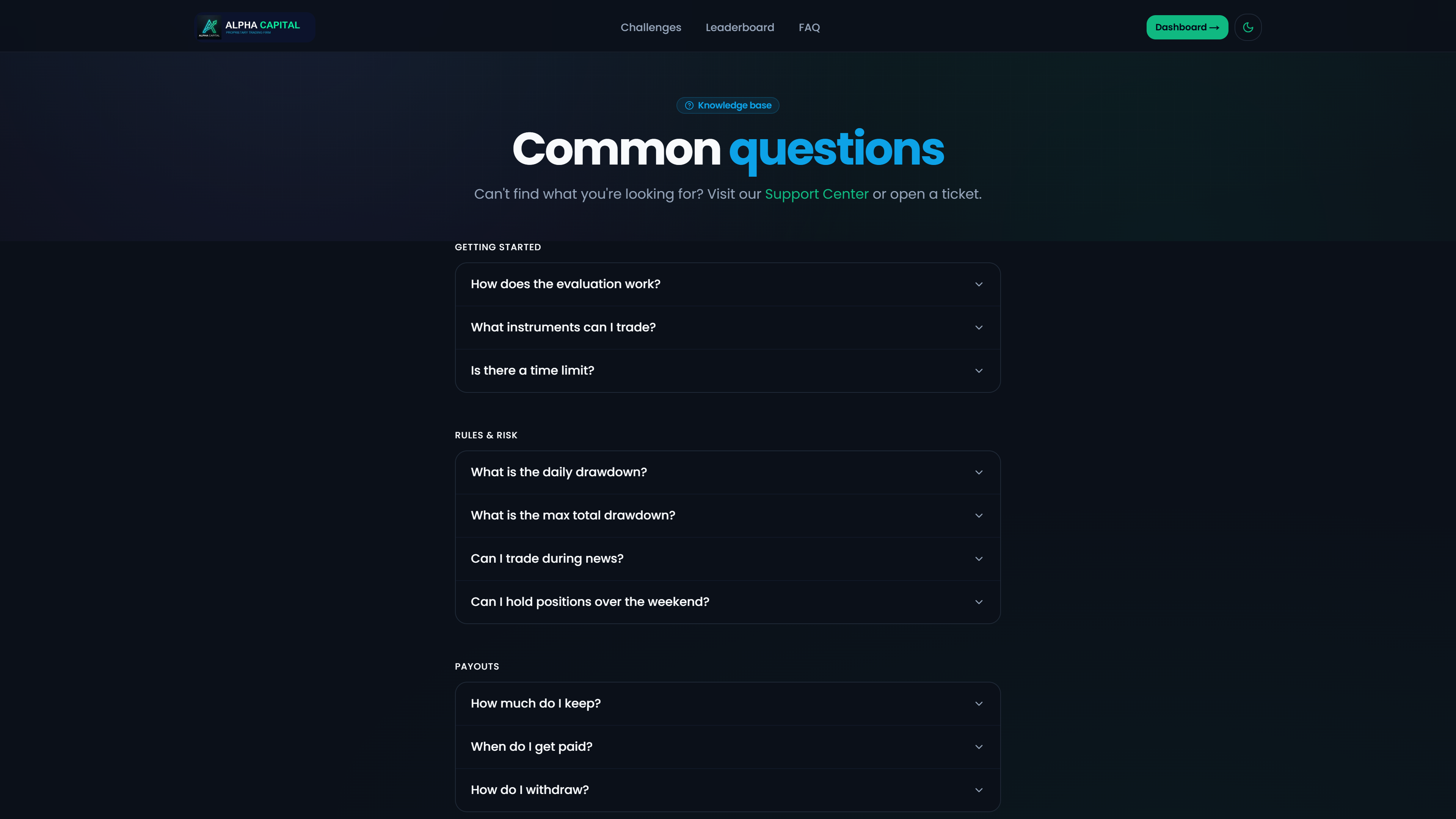 Institutional platform rules and FAQ clarifying legal structures, payout conditions, and evaluation guidelines